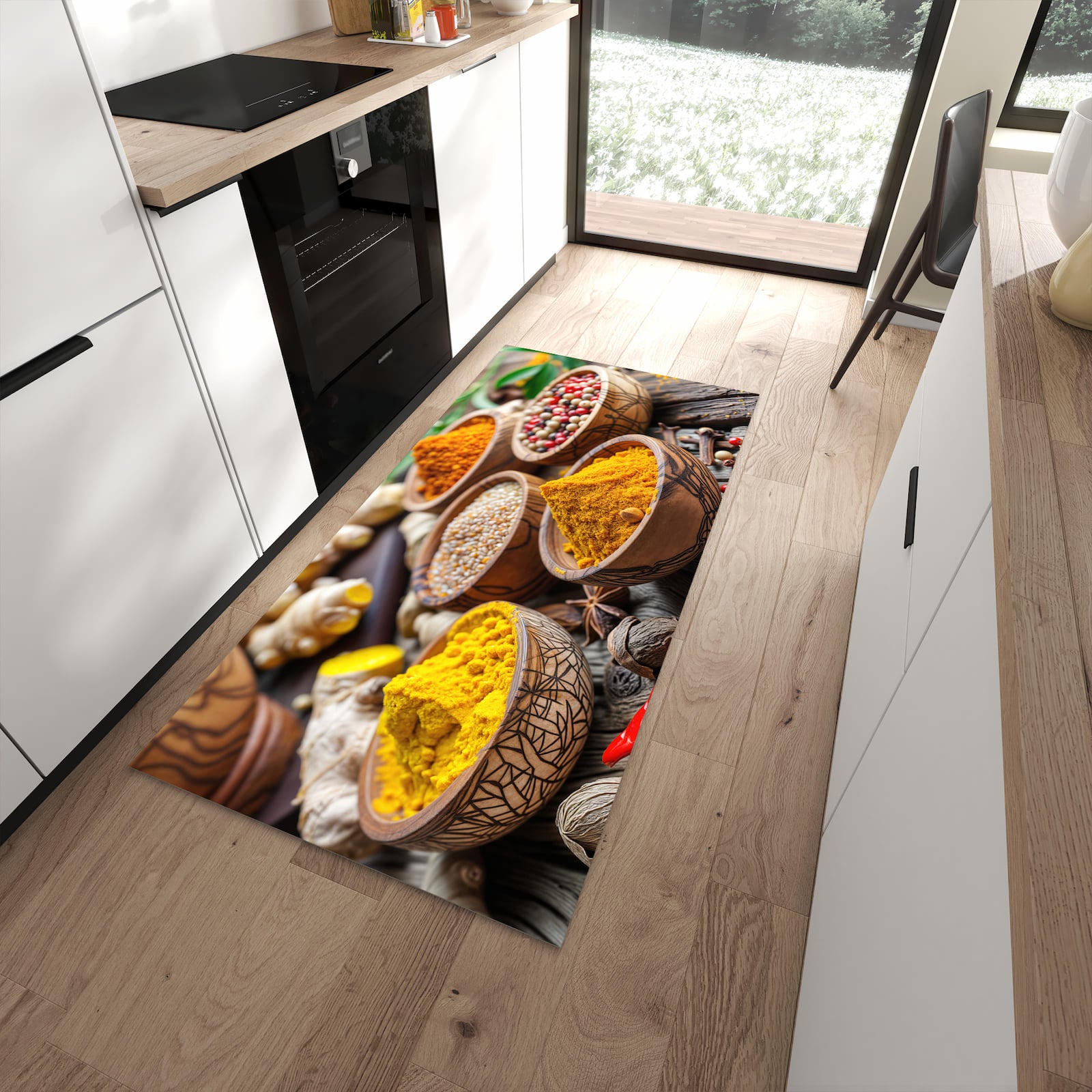 Fleckenresistenter Küchenteppich mit Motiv Gewürze in Schalen in moderner Küche