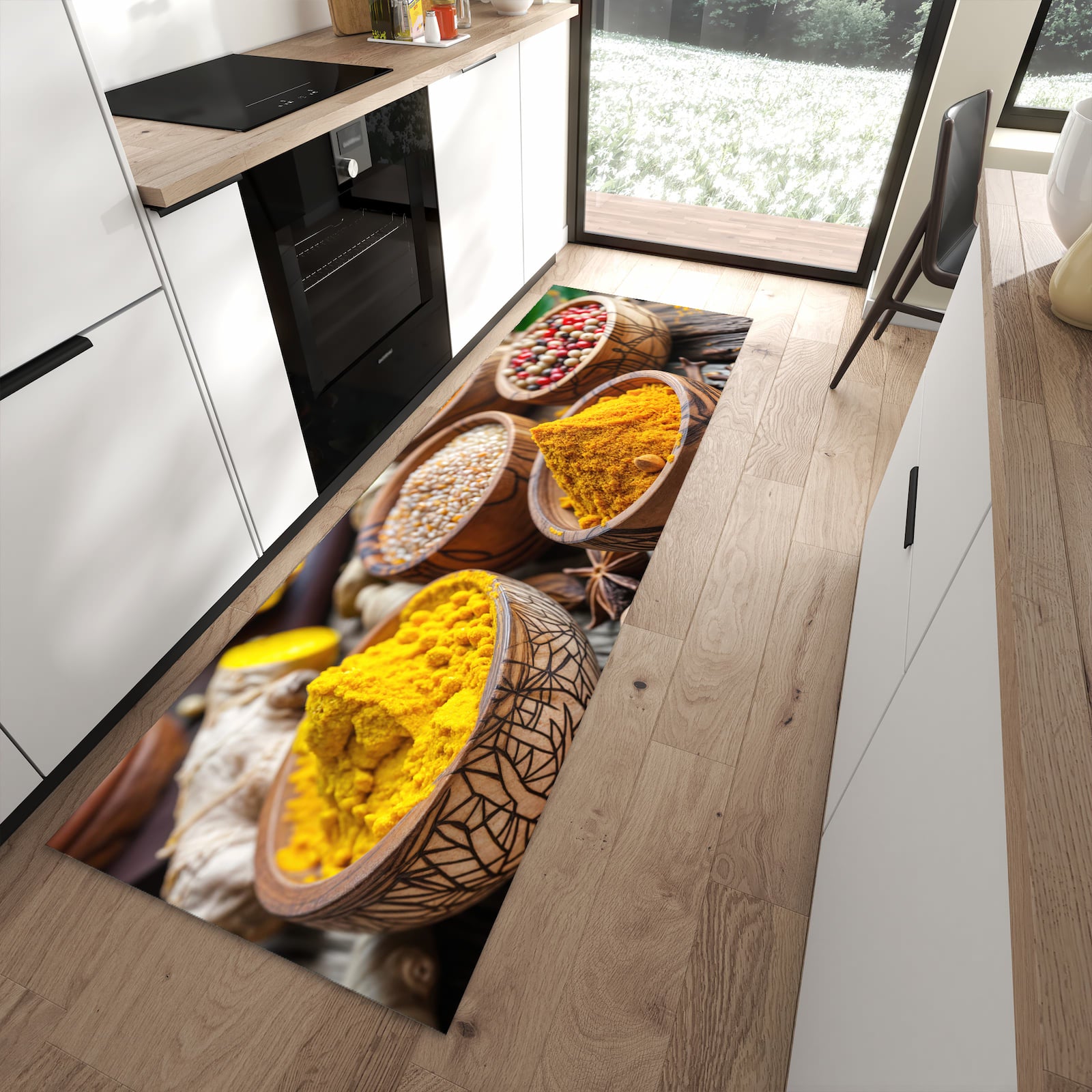 UV-beständiger Küchenteppich mit Motiv Gewürze in Schalen in moderner Küche