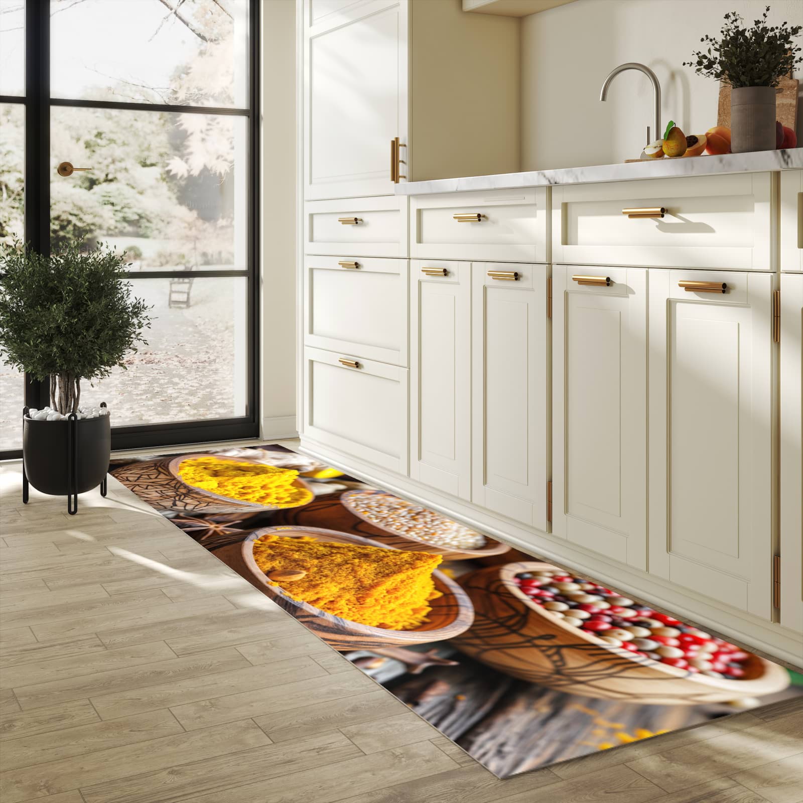 Küchenteppich mit Motiv Gewürze in Schalen in heller Küche für sichere Aufbewahrung
