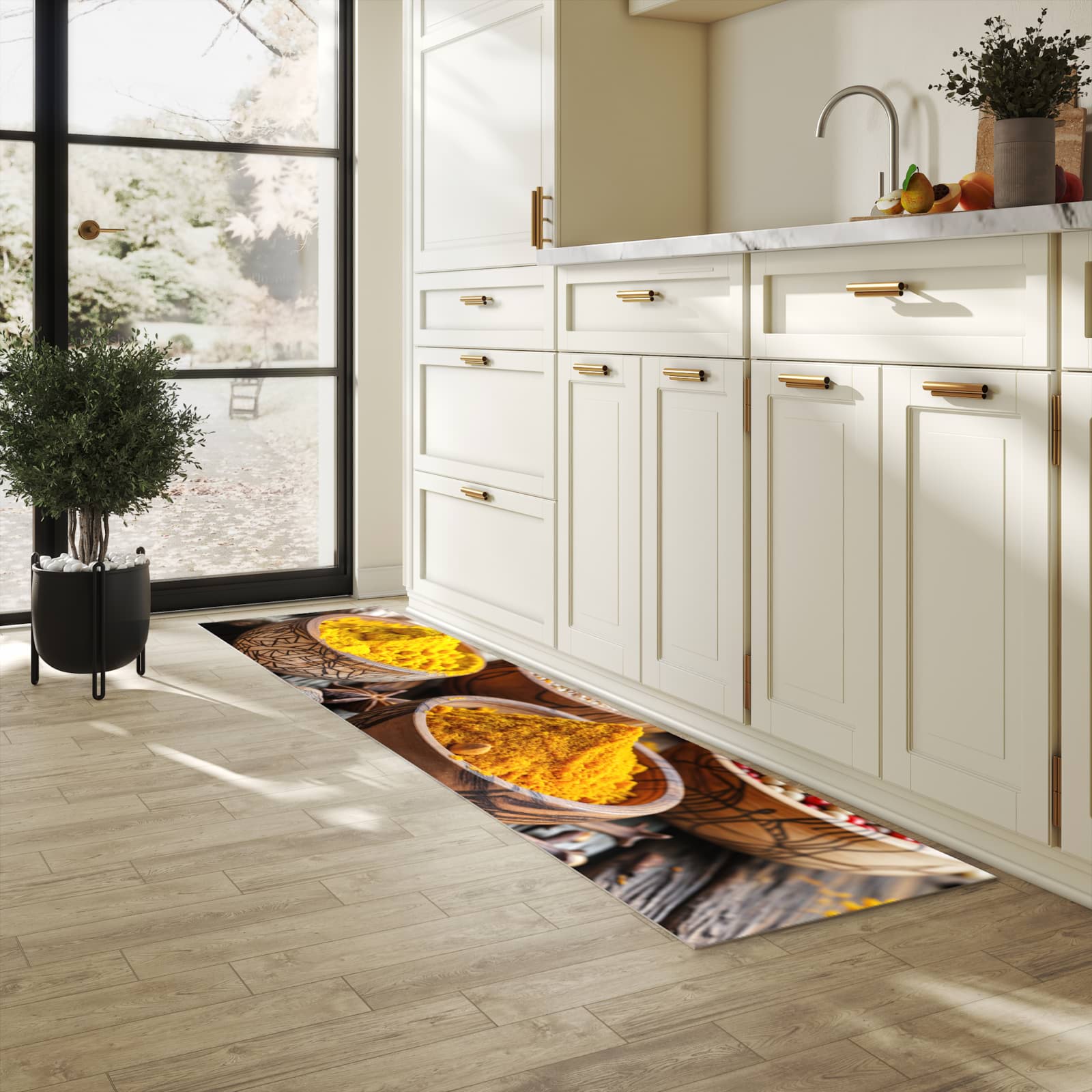 Feuchtigkeitsresistenter Küchenteppich mit Motiv Gewürze in Schalen in heller Küche