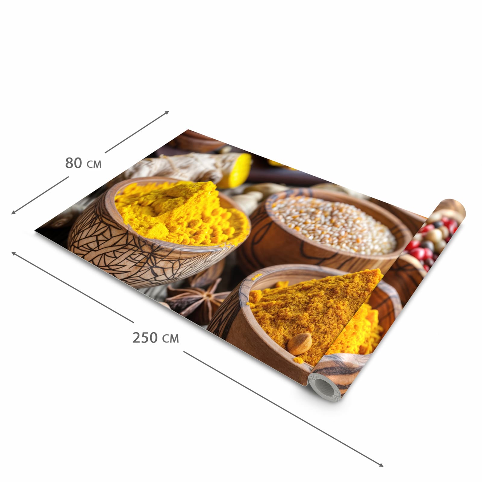 Abriebfester Küchenläufer mit Motiv Gewürze in Schalen in der Grösse 90x180 cm