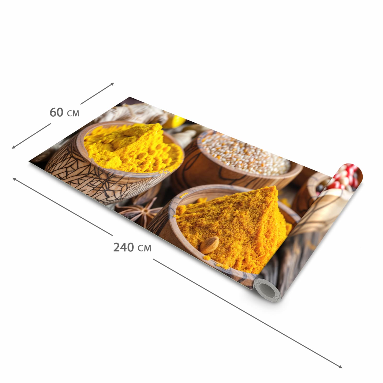 Farbbeständiger Küchenteppich mit Motiv Gewürze in Schalen in der Größe 90x180 cm