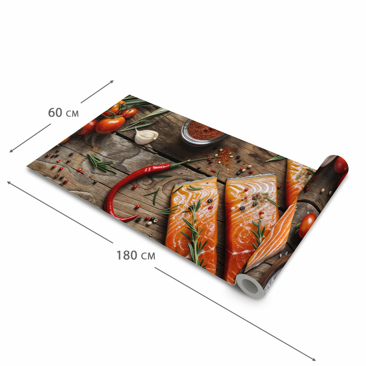 Pflegeleichter Küchenläufer mit Motiv Lachsfilets in der Grösse 90x180 cm zum Waschen