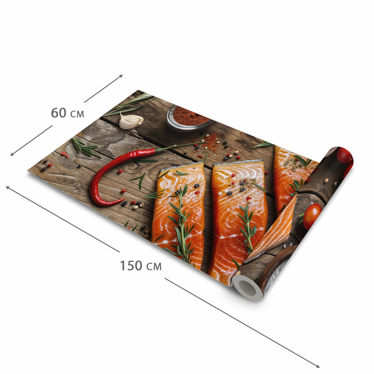Flacher Küchenläufer nach Maß mit Motiv Lachsfilets in der Größe 90x180 cm