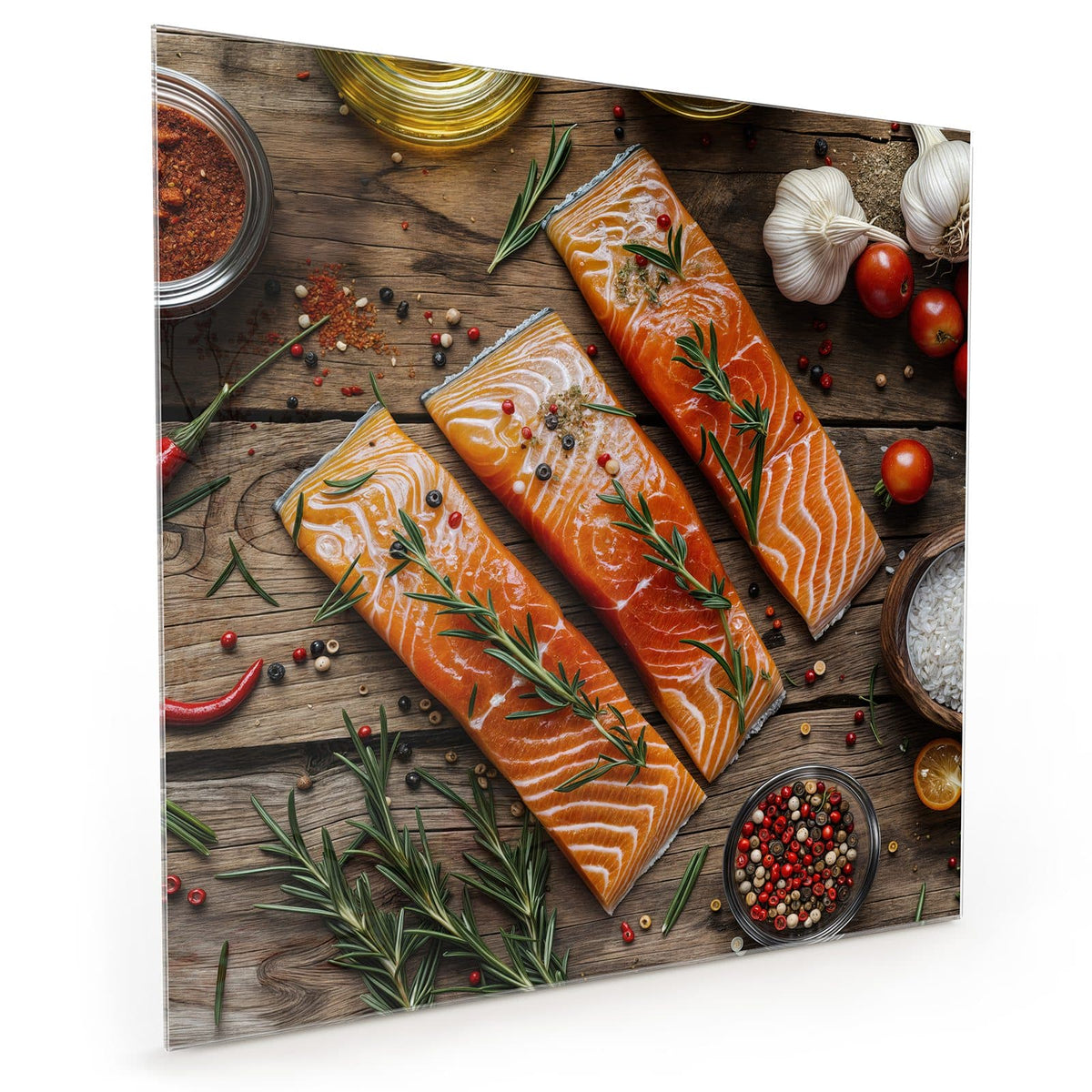Küchenrückwand aus Glas im quadratischen Format: Drei rohe Lachsfilets auf Holz, mit Rosmarinzweigen, Knoblauch, Tomaten und bunten Pfefferkörnern. #grösse_40 x 40 cm #grösse_50 x 50 cm #grösse_60 x 60 cm