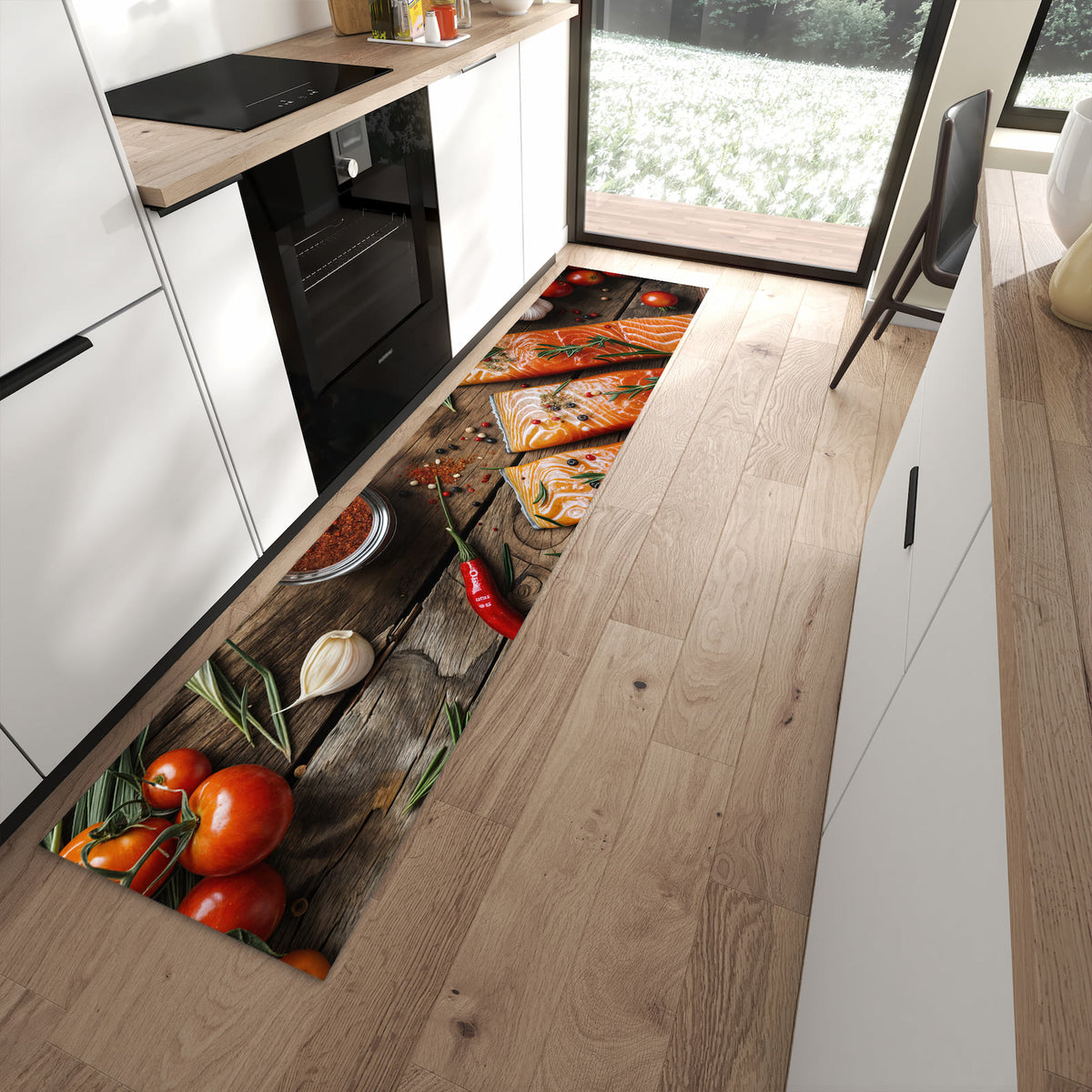 Pflegeleichter großer Küchenteppich mit Motiv Lachsfilets in moderner Küche