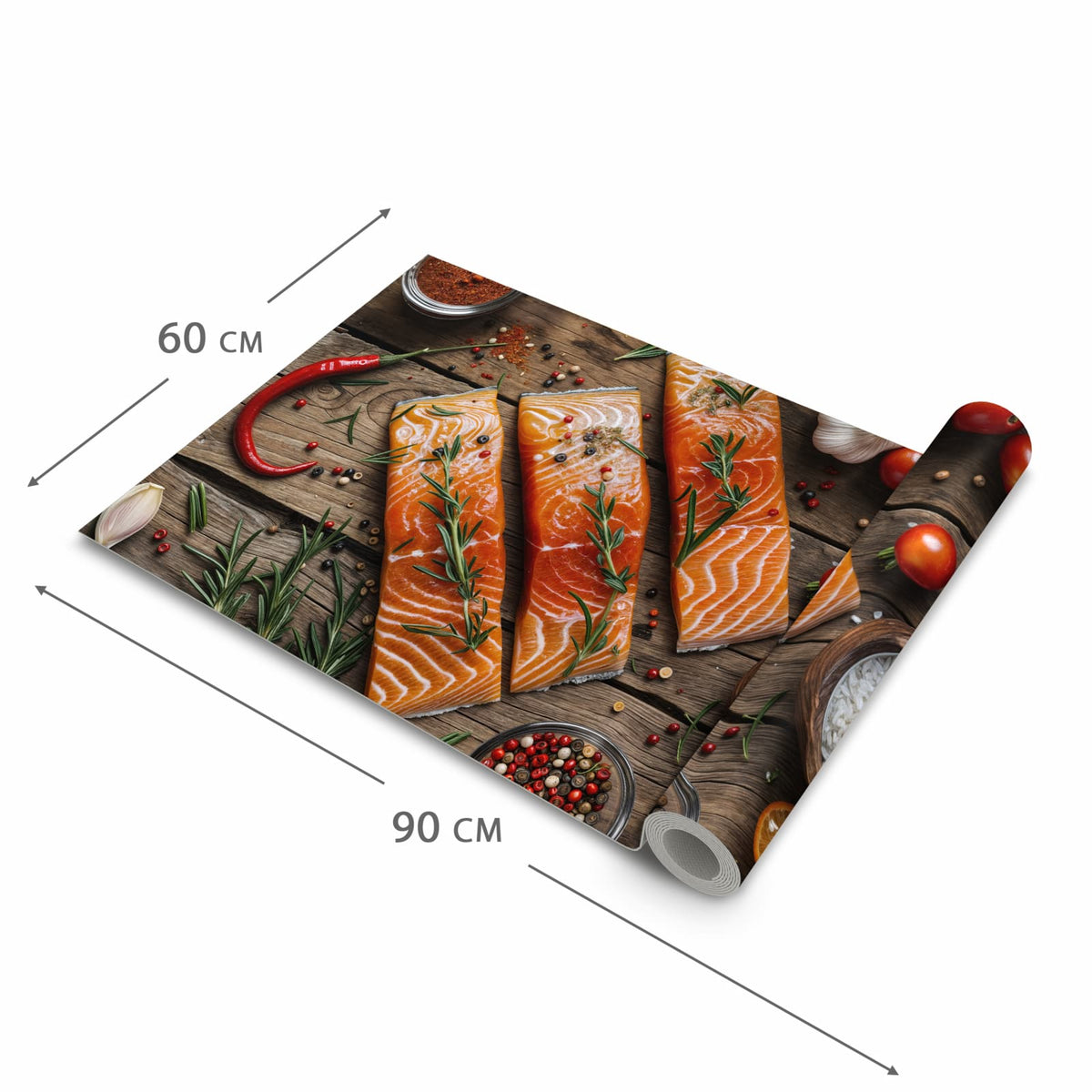 Küchenteppich mit Motiv Lachsfilets in der Grösse 90x180 cm für angenehme Haptik