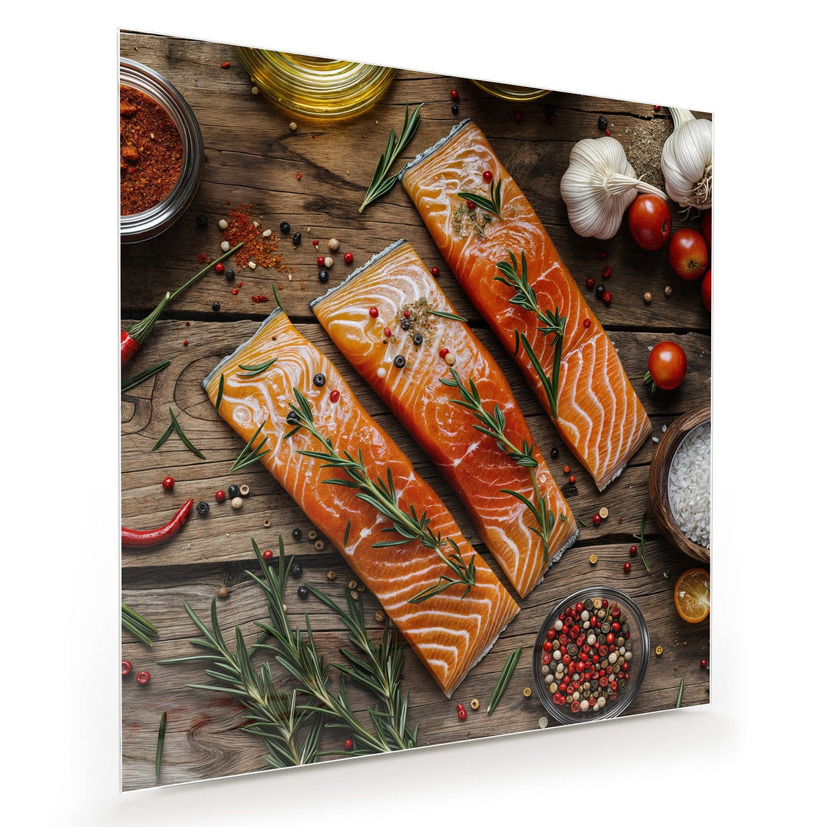 Drei rohe Lachsfilets auf Holz, mit Rosmarinzweigen, Knoblauch, Tomaten und bunten Pfefferkörnern.