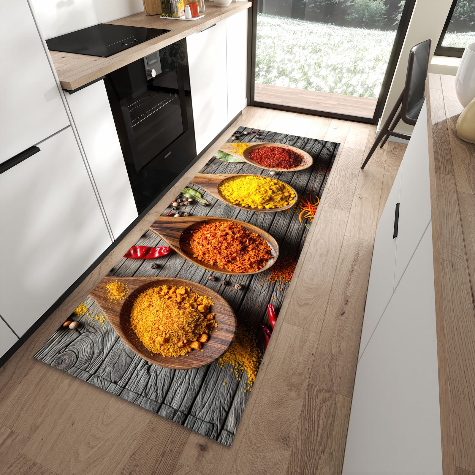 Langlebiger Küchenteppich mit Motiv Gewürze auf Löffeln in moderner Küche