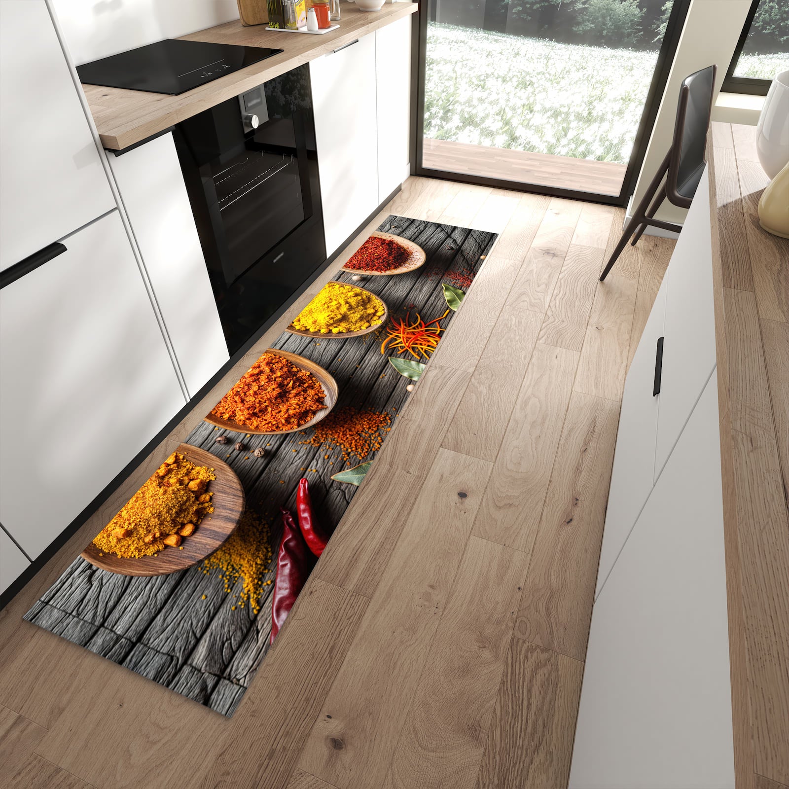 Rutschfester dünner Teppich mit Motiv Gewürze auf Löffeln spart Zeit in moderner Küche