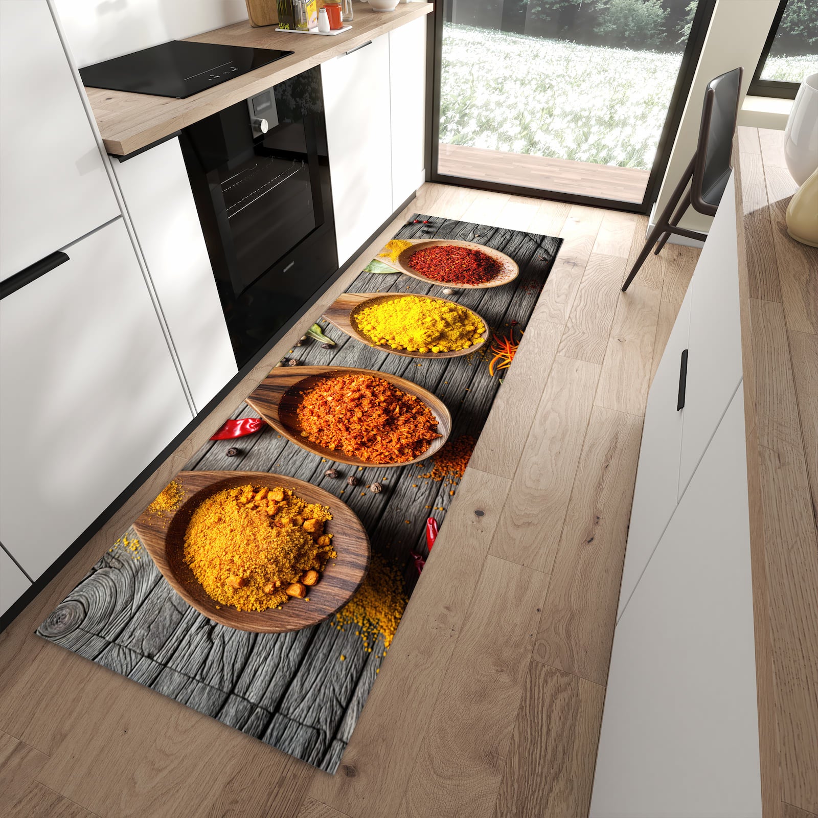 Wasserabweisender Bodenläufer mit Motiv Gewürze auf Löffeln in moderner Küche
