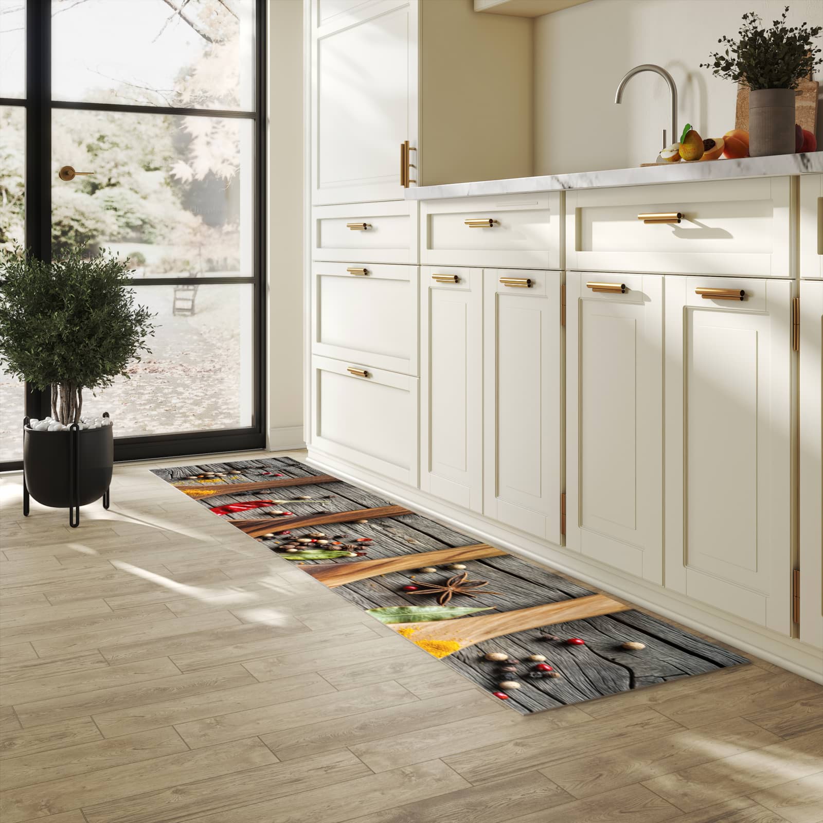 Läufer für die Küche mit Motiv Gewürze auf Löffeln in heller Küche für Ordnung