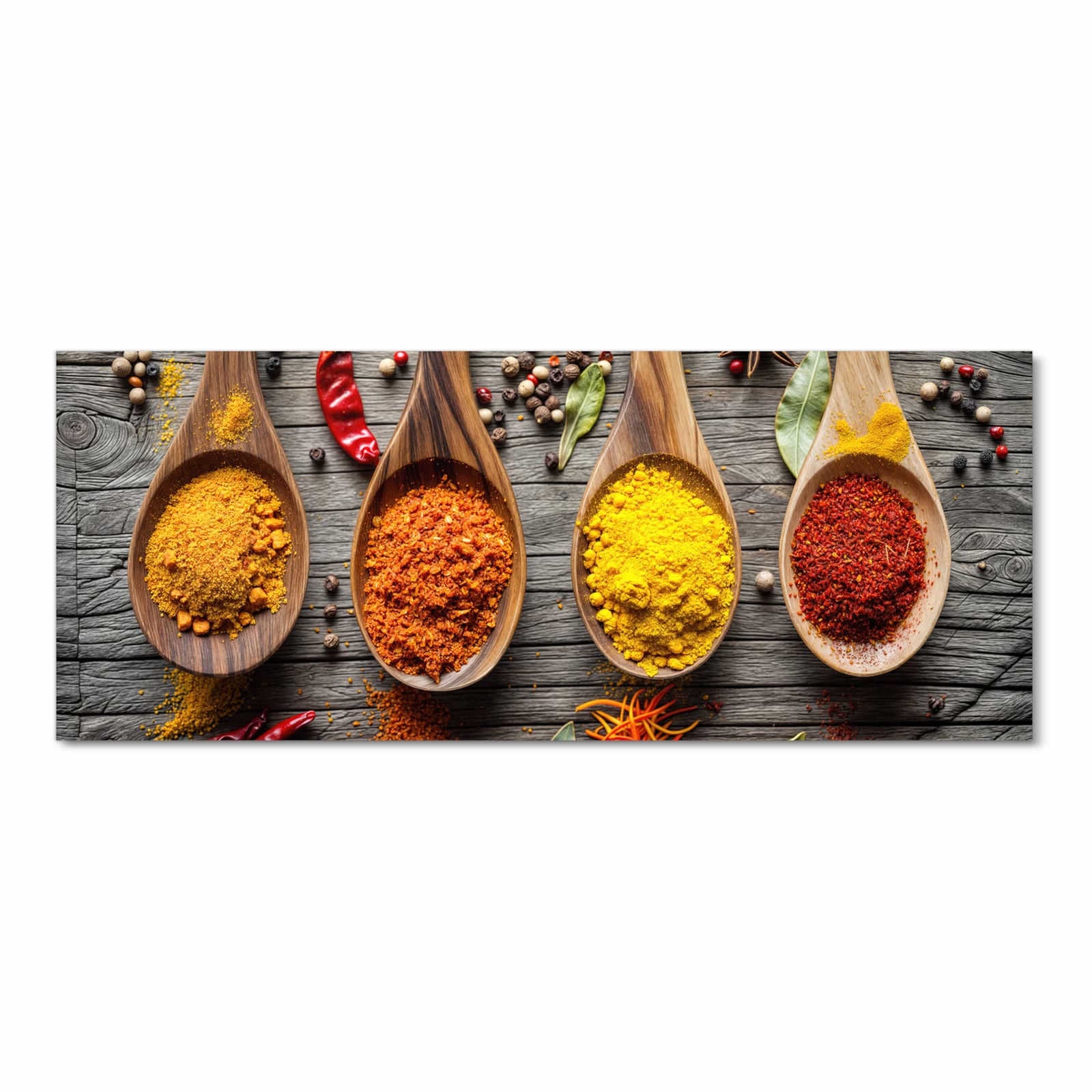 Waschbarer rutschfester Küchenteppich mit Motiv Gewürze auf Löffeln in Frontansicht