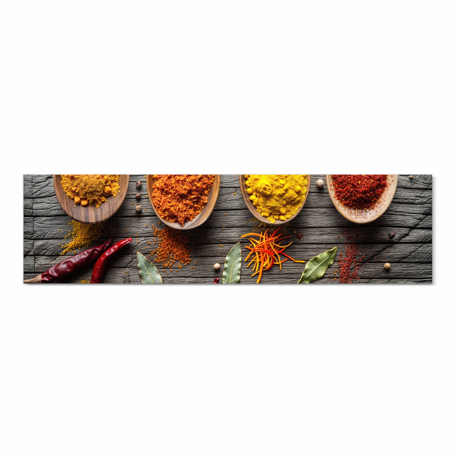 Formstabiler waschbarer Küchenteppich mit Motiv Gewürze auf Löffeln in Frontansicht