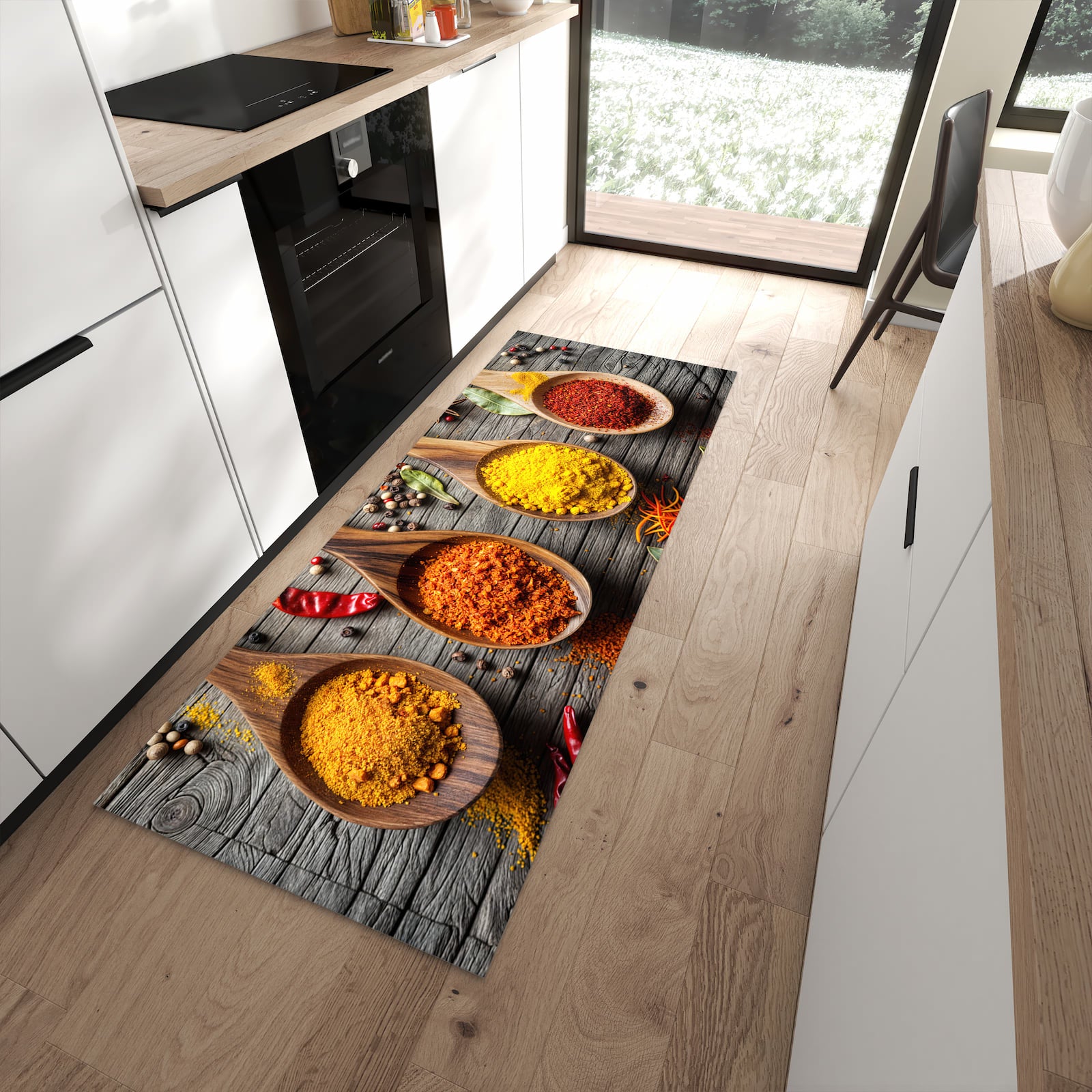 Rutschfester Küchenteppich mit Motiv Gewürze auf Löffeln für Trittkomfort in moderner Küche