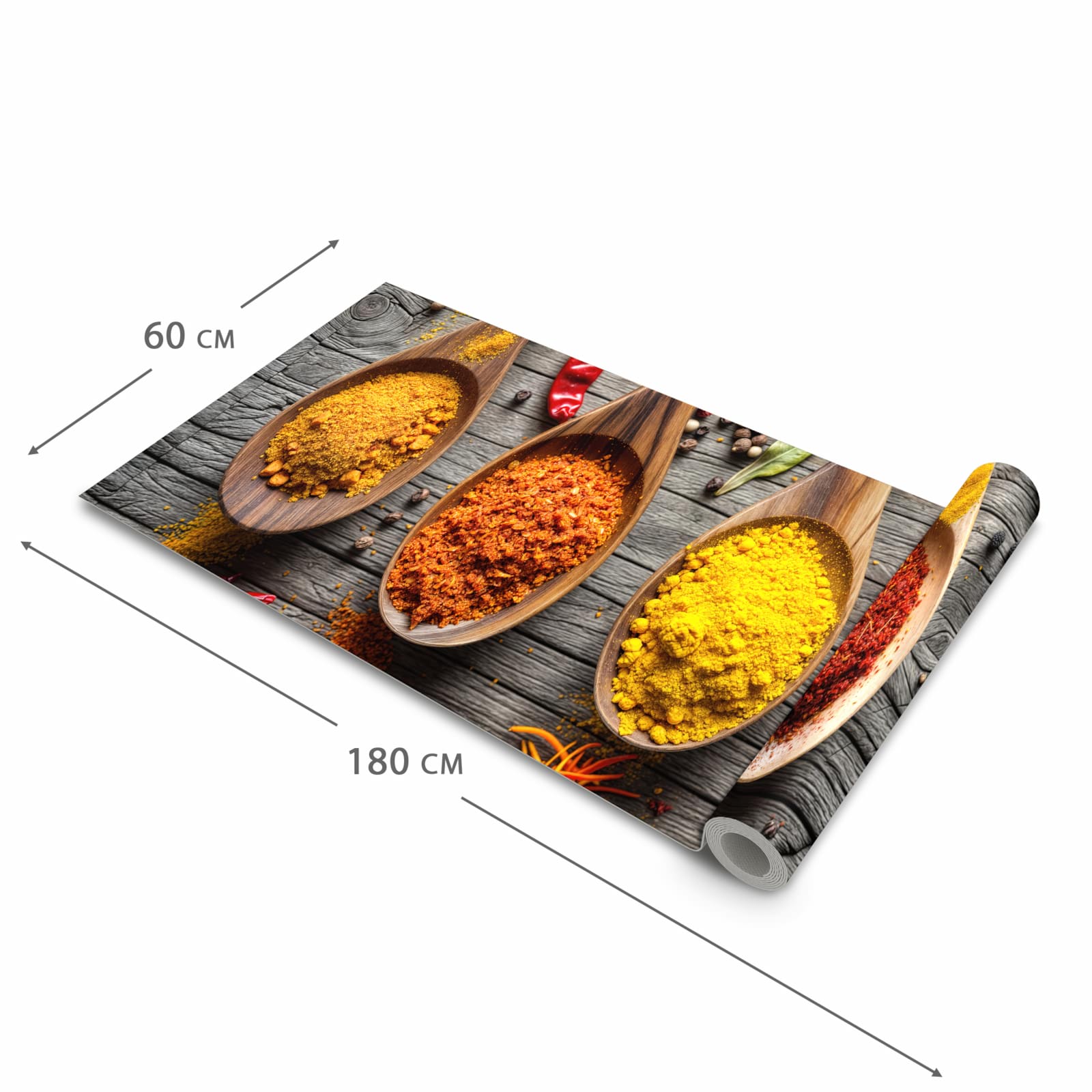 Formstabiler großer Küchenteppich mit Motiv Gewürze auf Löffeln in der Größe 80x300 cm
