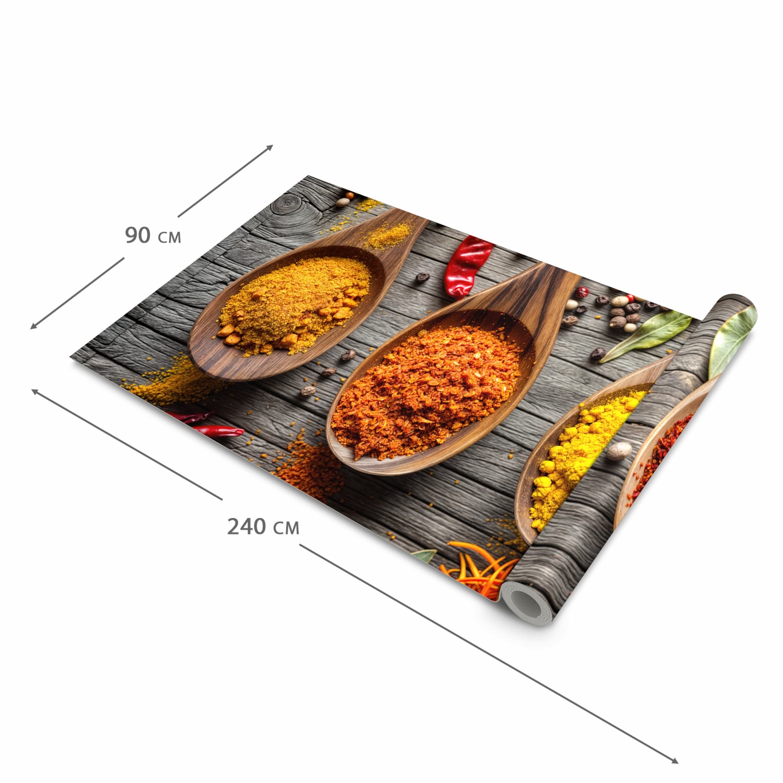 Geruchsneutraler rutschfester Küchenläufer mit Motiv Gewürze auf Löffeln in der Größe 90x180 cm
