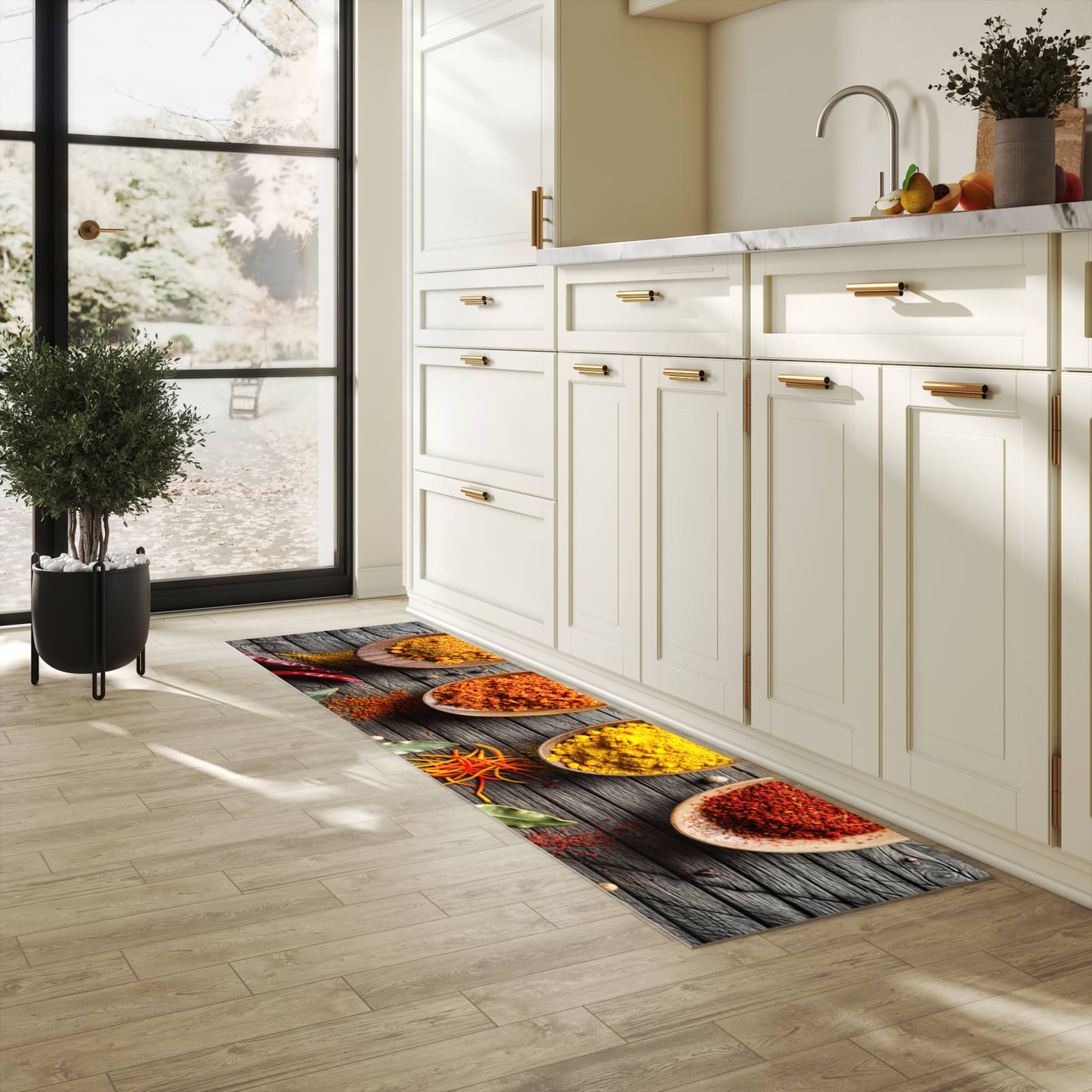 Bodenschonender Küchenteppich mit Motiv Gewürze auf Löffeln in heller Küche