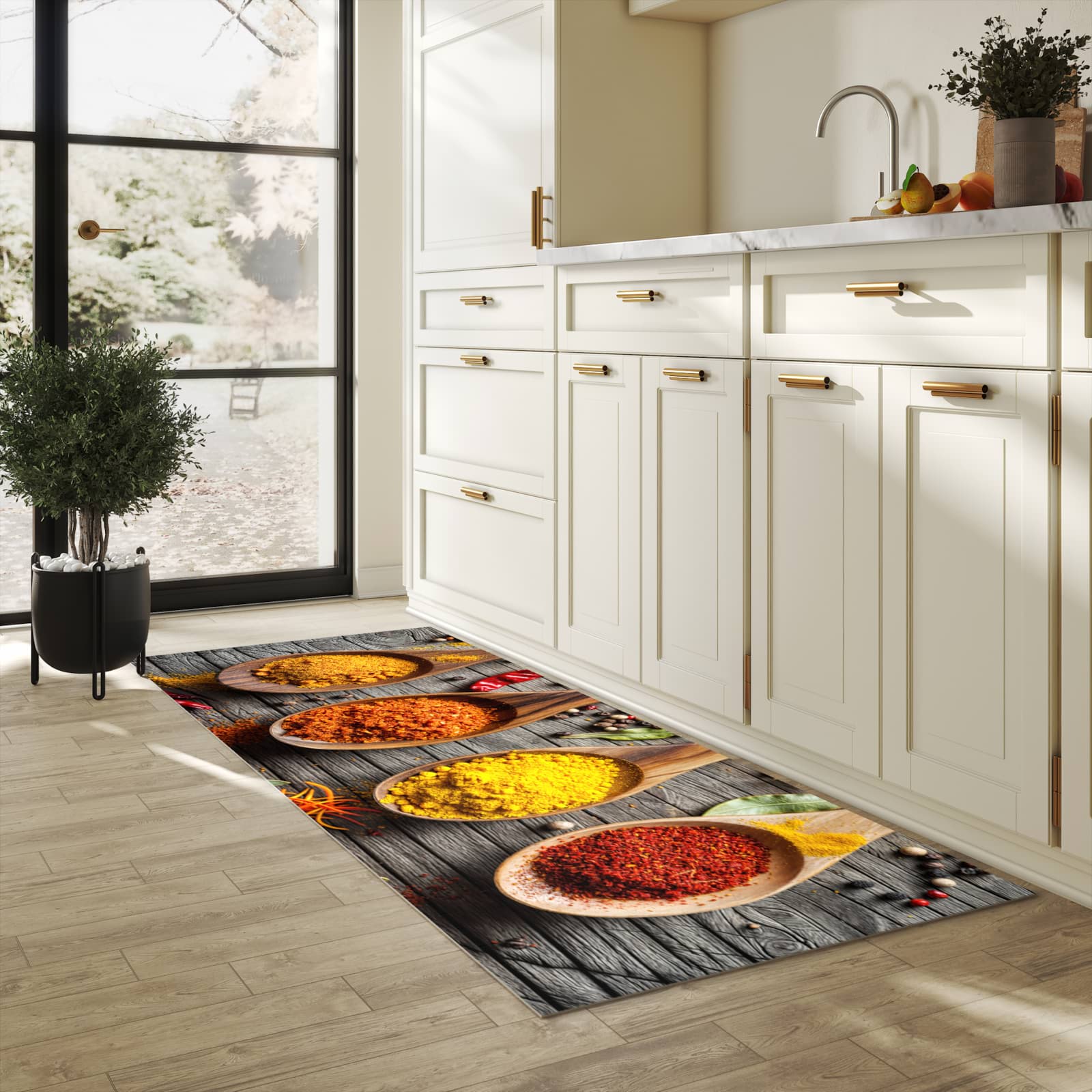 UV-beständiger Teppichläufer mit Motiv Gewürze auf Löffeln in heller Küche