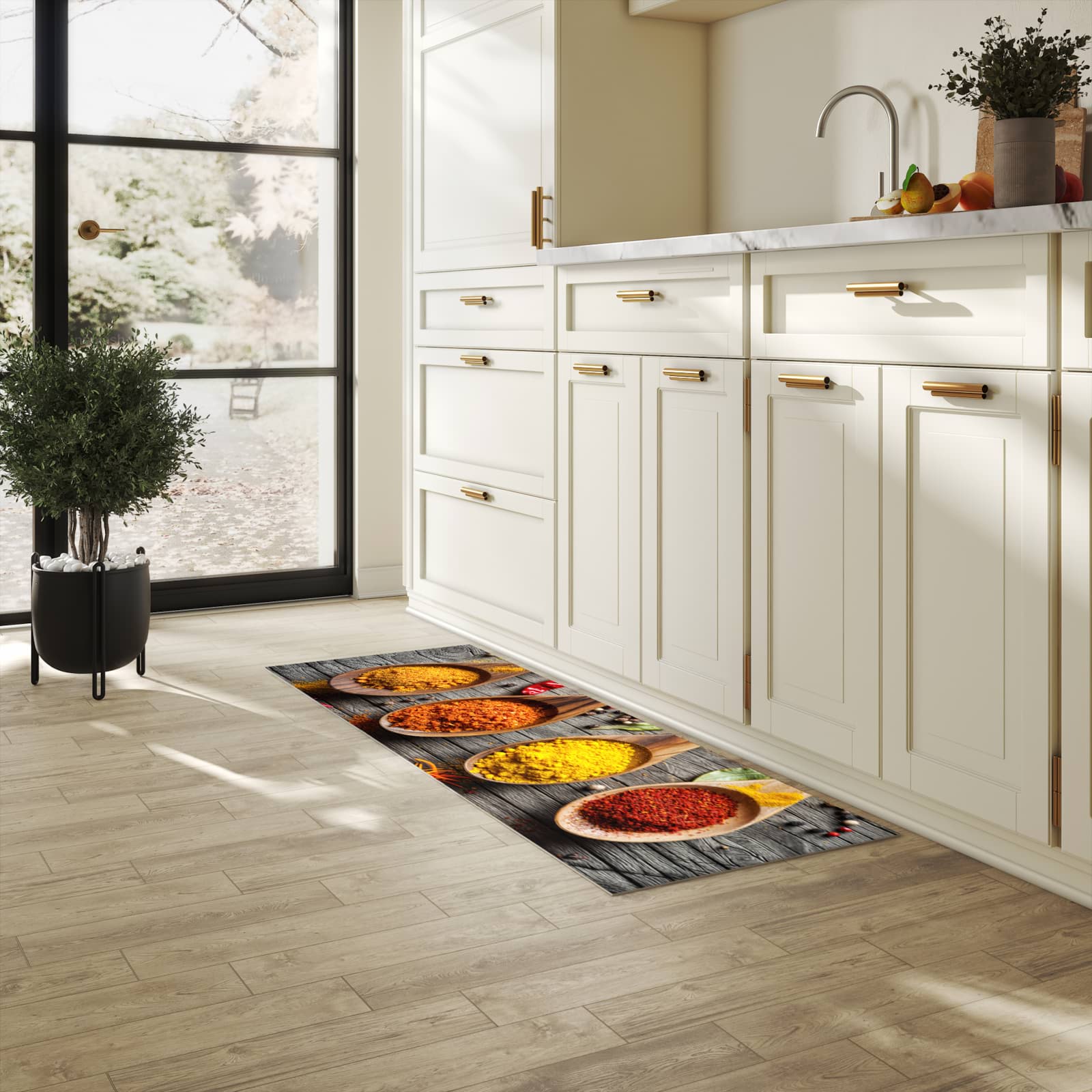 Feuchtigkeitsresistenter Küchenteppich mit Motiv Gewürze auf Löffeln in heller Küche