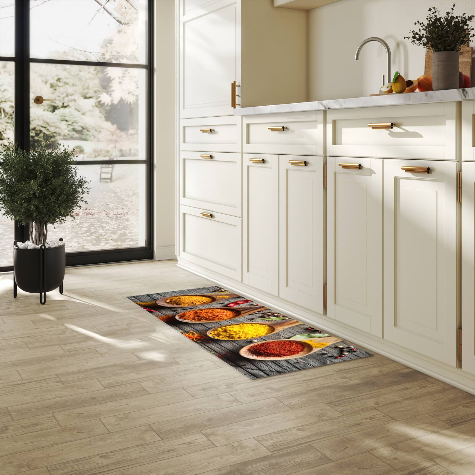 Rutschfester Küchenteppich mit Motiv Gewürze auf Löffeln in heller Küche