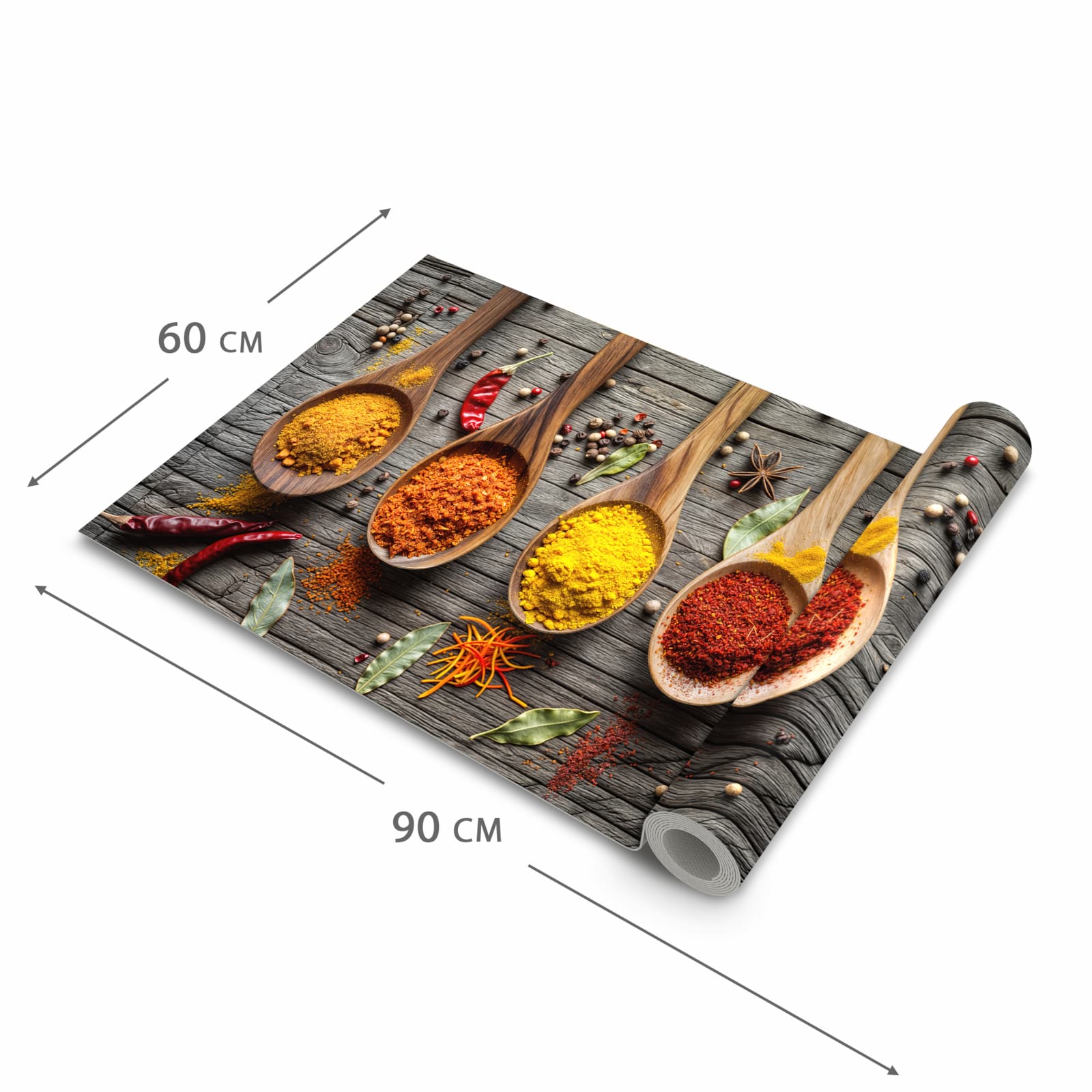 Abriebfester Küchenläufer mit Motiv Gewürze auf Löffeln in der Grösse 90x180 cm