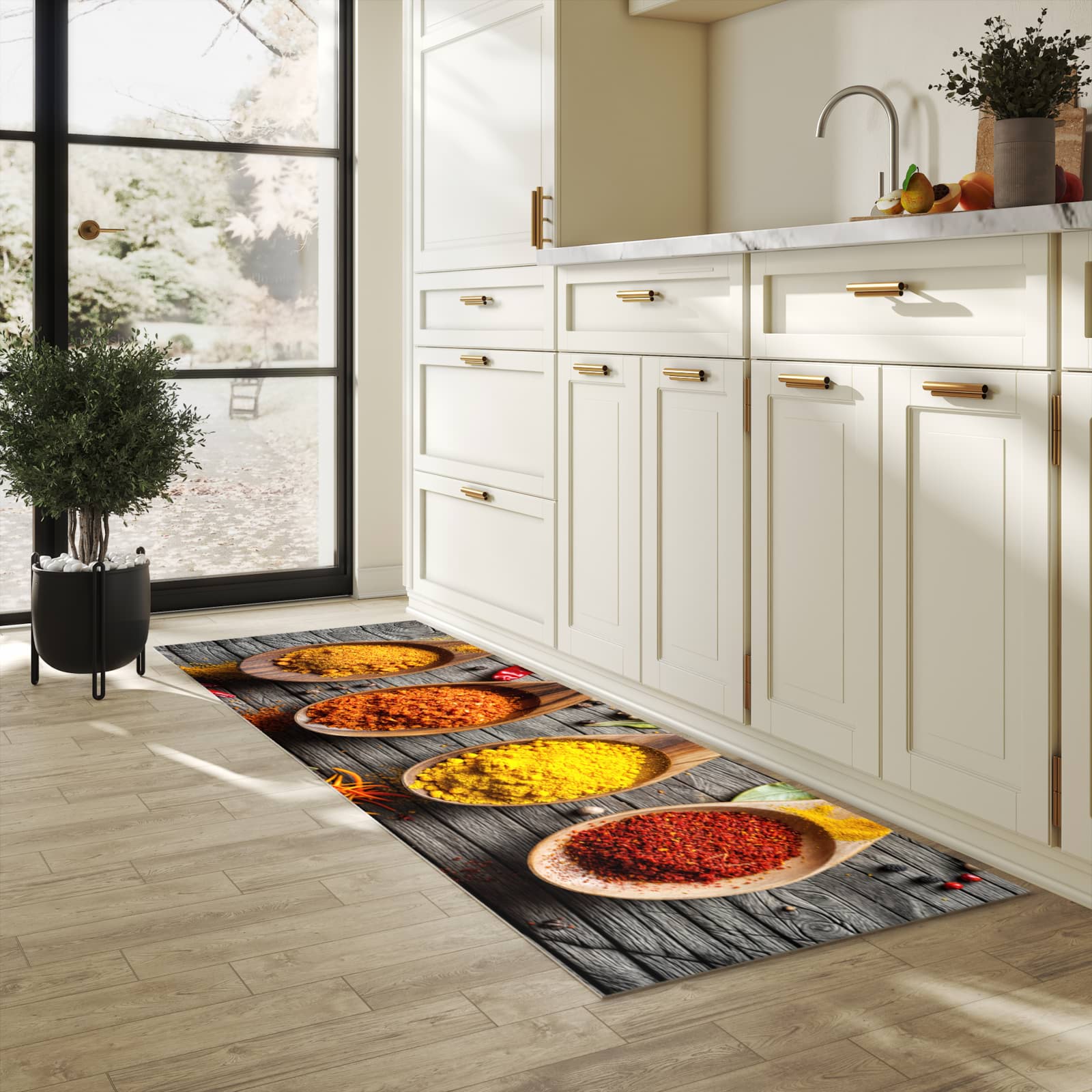 Küchenvorleger mit Motiv Gewürze auf Löffeln in heller Küche für sichere Aufbewahrung