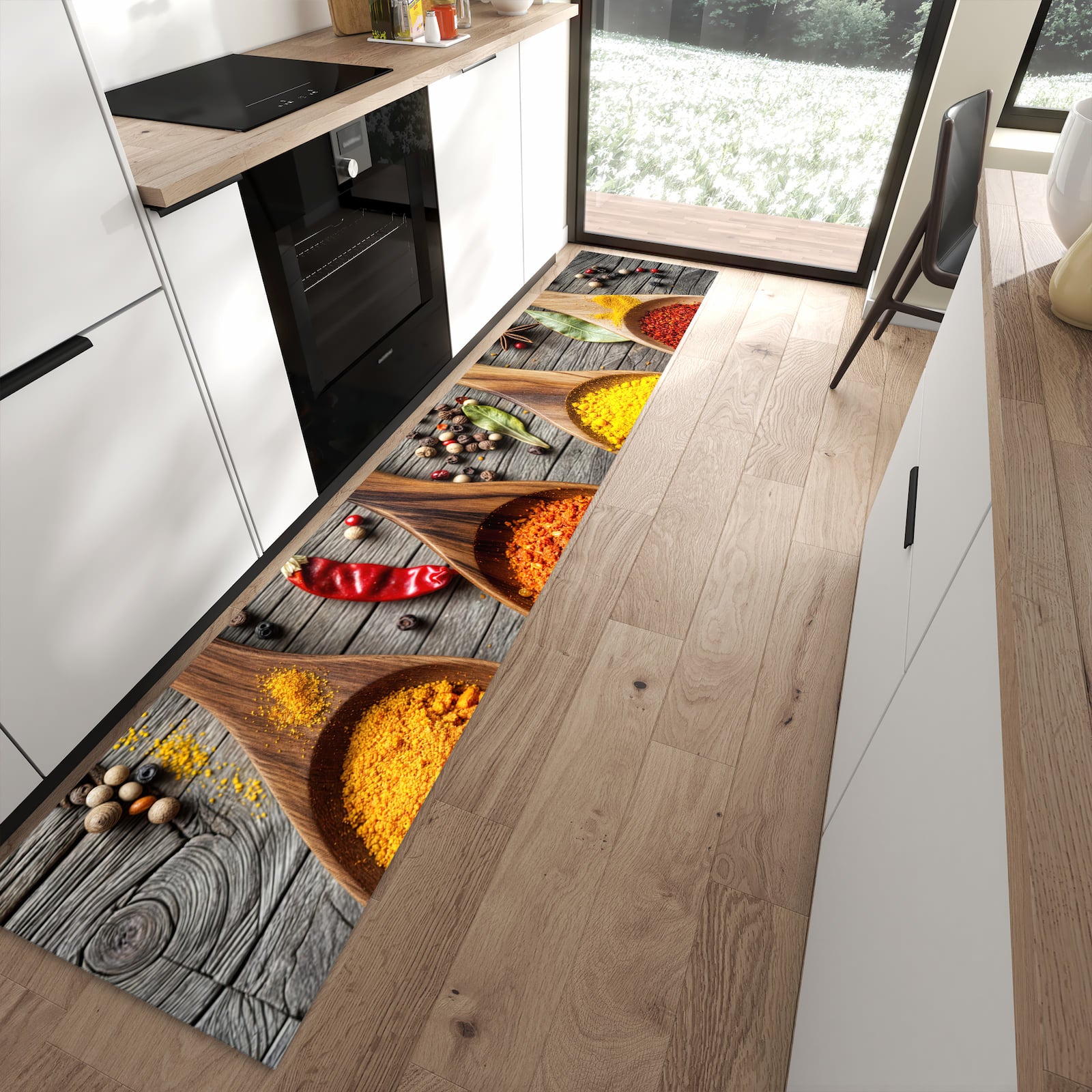 Abriebfester waschbarer Teppich fürs Esszimmer mit Motiv Gewürze auf Löffeln in moderner Küche