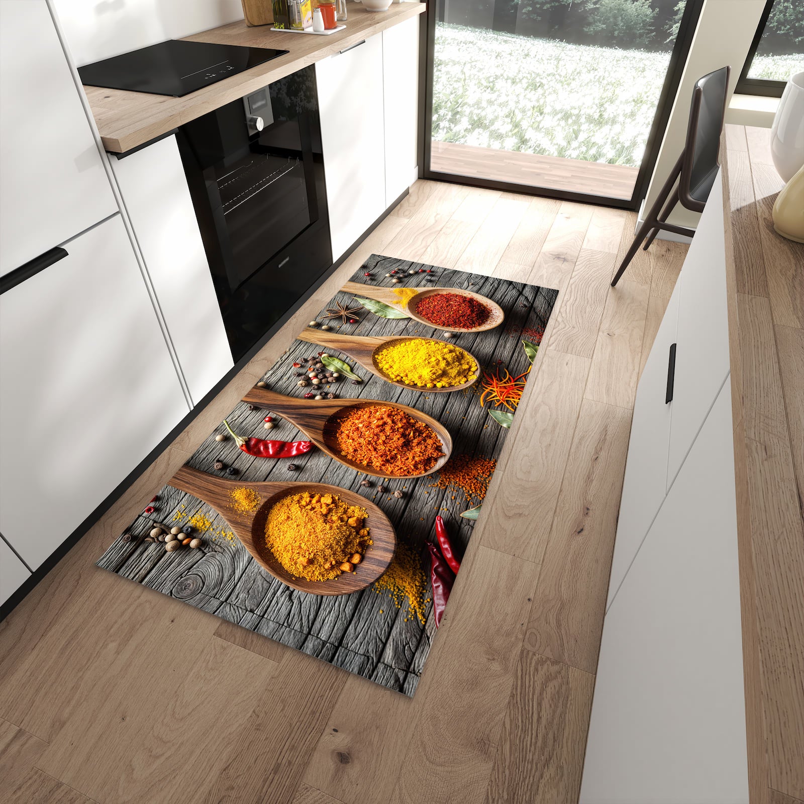 Geruchsneutraler waschbarer Küchenteppich mit Motiv Gewürze auf Löffeln in moderner Küche