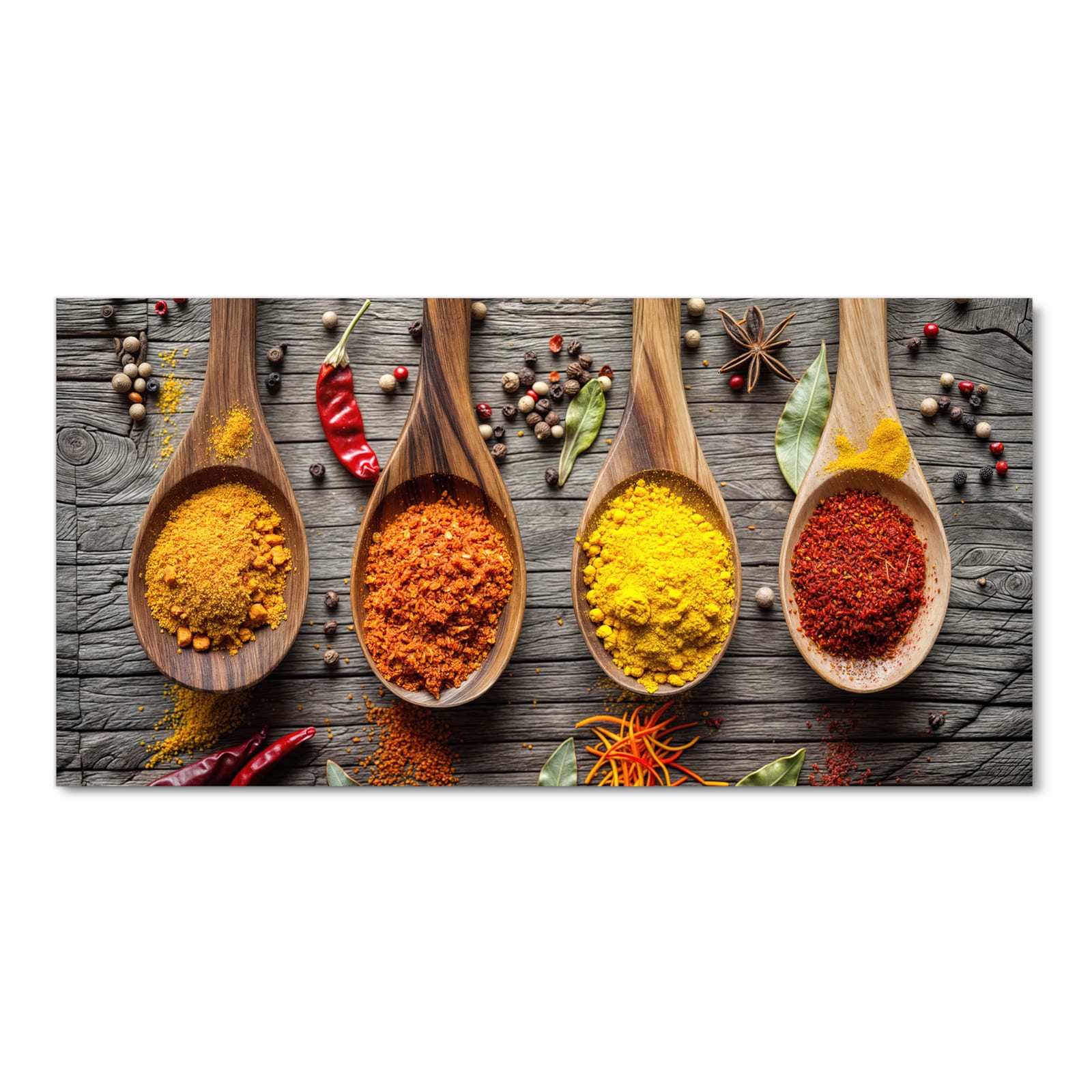 Strapazierfähiger dünner Küchenteppich mit Motiv Gewürze auf Löffeln in Frontansicht