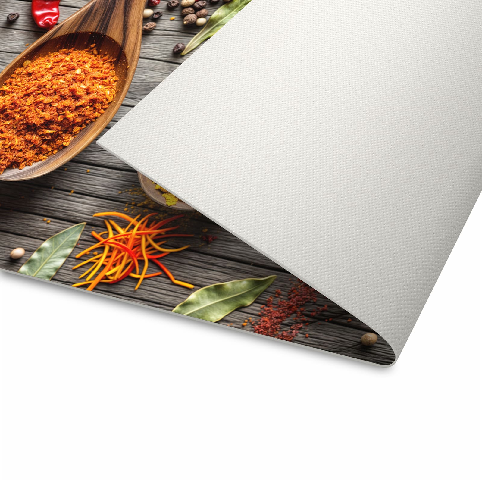Abriebfester moderner Küchenläufer mit Motiv Gewürze auf Löffeln in der Unterseite