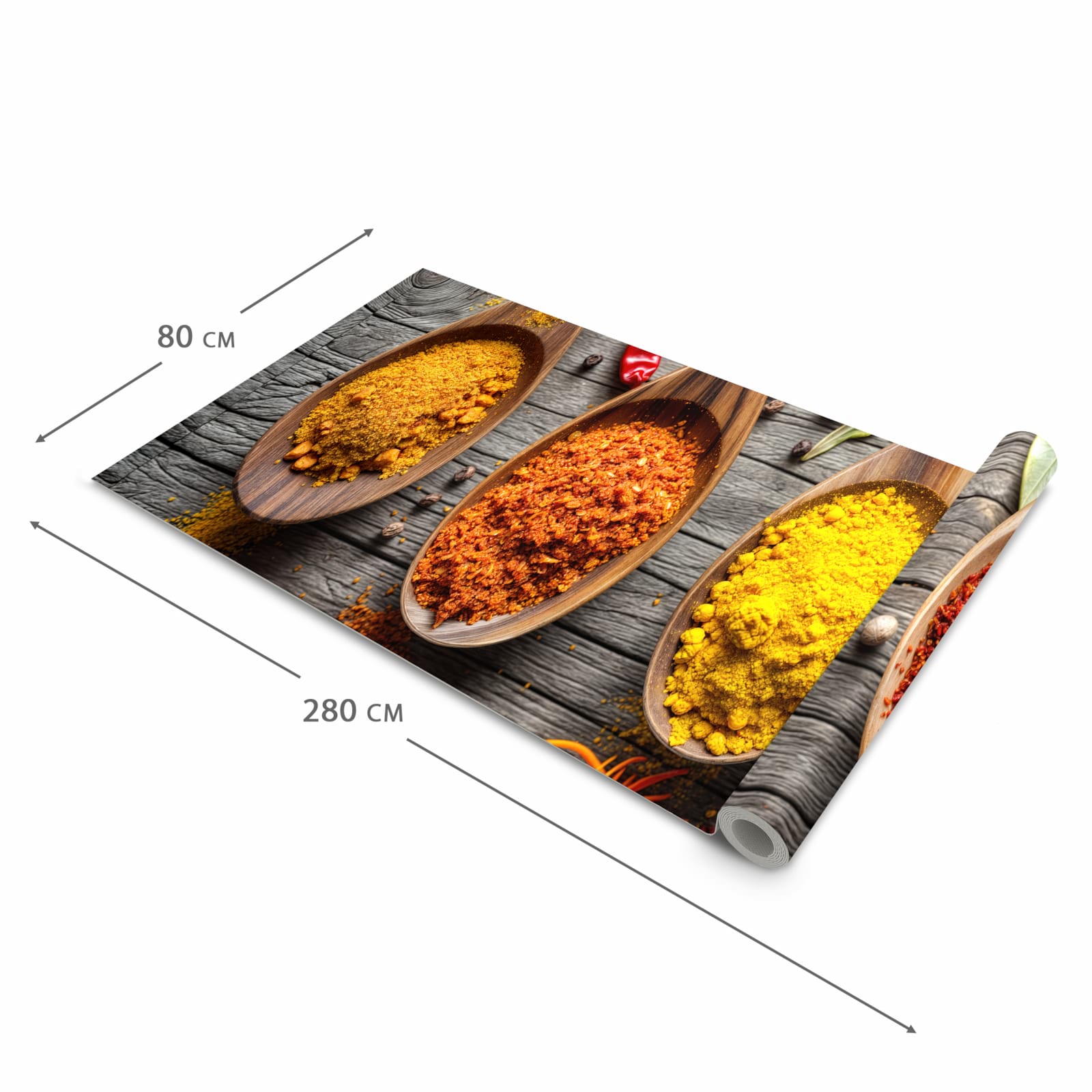 Wasserabweisender rutschfester Küchenläufer mit Motiv Gewürze auf Löffeln in der Grösse 90x180 cm