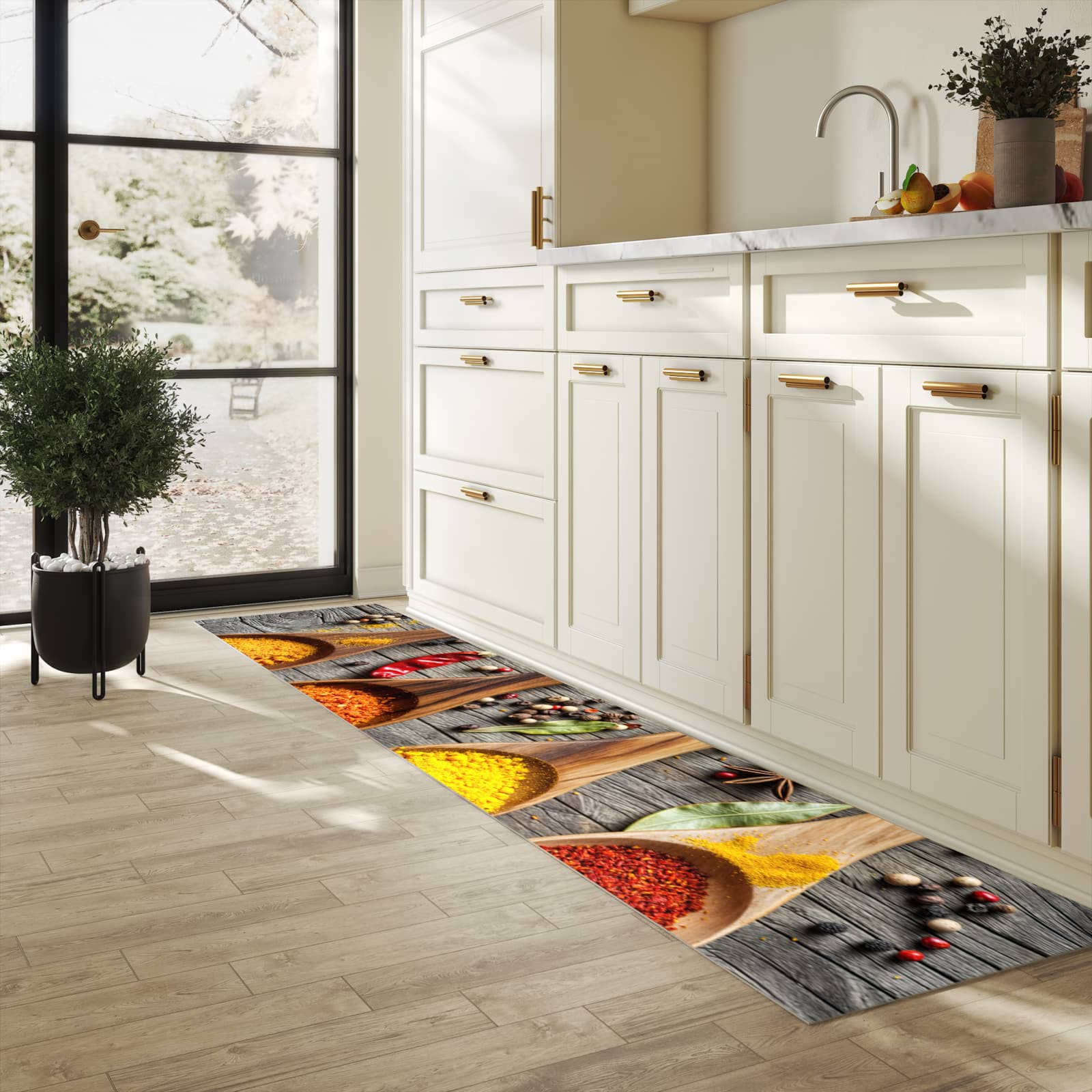 Bodenschonender Läufer für die Küche mit Motiv Gewürze auf Löffeln in heller Küche