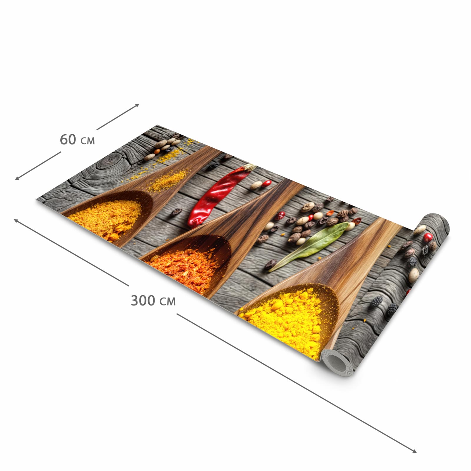 Geräuschdämpfender Küchenläufer mit Motiv Gewürze auf Löffeln in der Grösse 90x180 cm