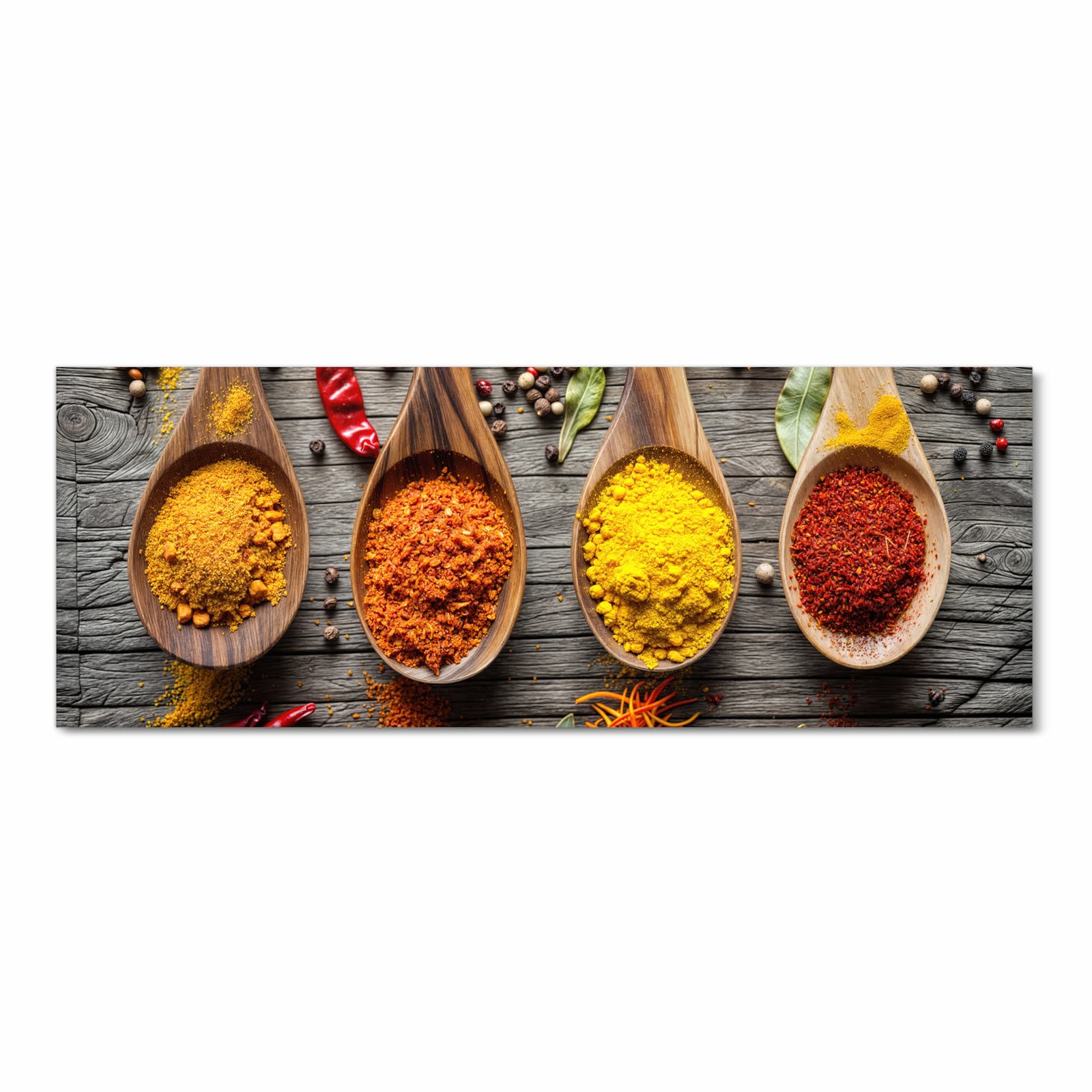 Küchenteppich mit Motiv Gewürze auf Löffeln in Frontansicht für sichere Aufbewahrung