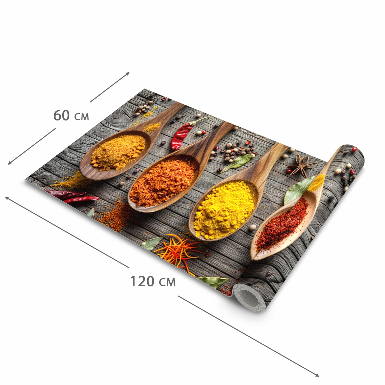 Bodenschonender waschbarer Küchenteppich mit Motiv Gewürze auf Löffeln in der Grösse 80x300 cm