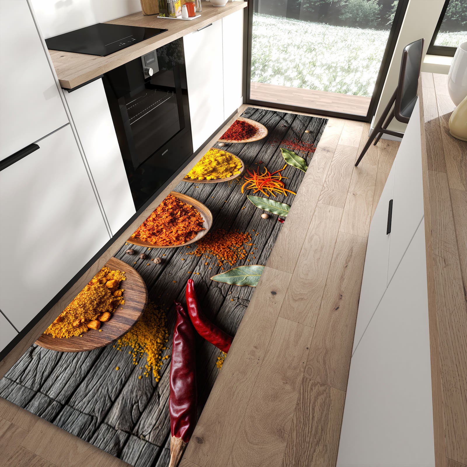 Schmutzabweisender Küchenteppich mit Motiv Gewürze auf Löffeln in moderner Küche