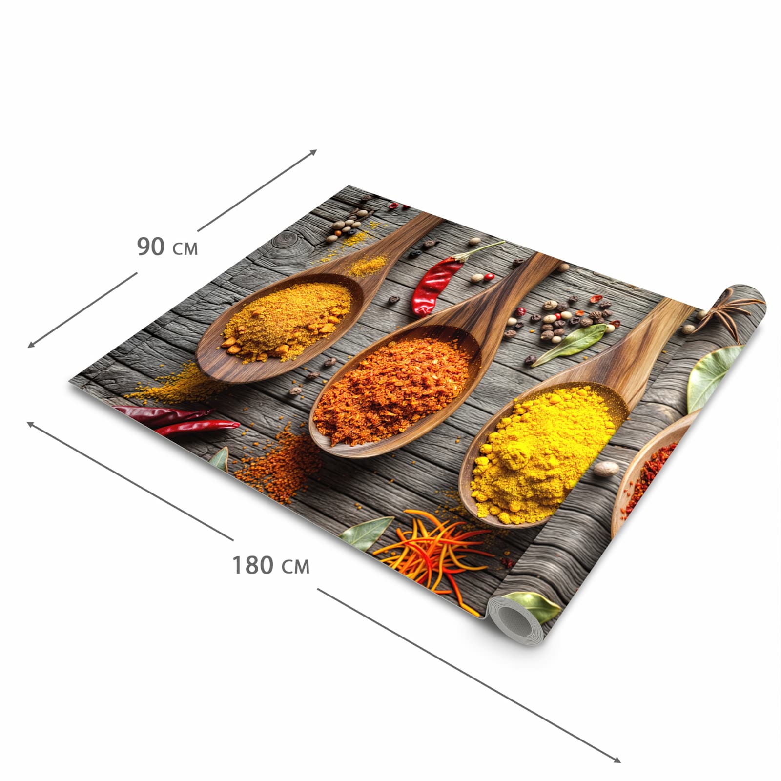 Schmutzabweisender waschbarer Küchenläufer mit Motiv Gewürze auf Löffeln in der Größe 90x180 cm