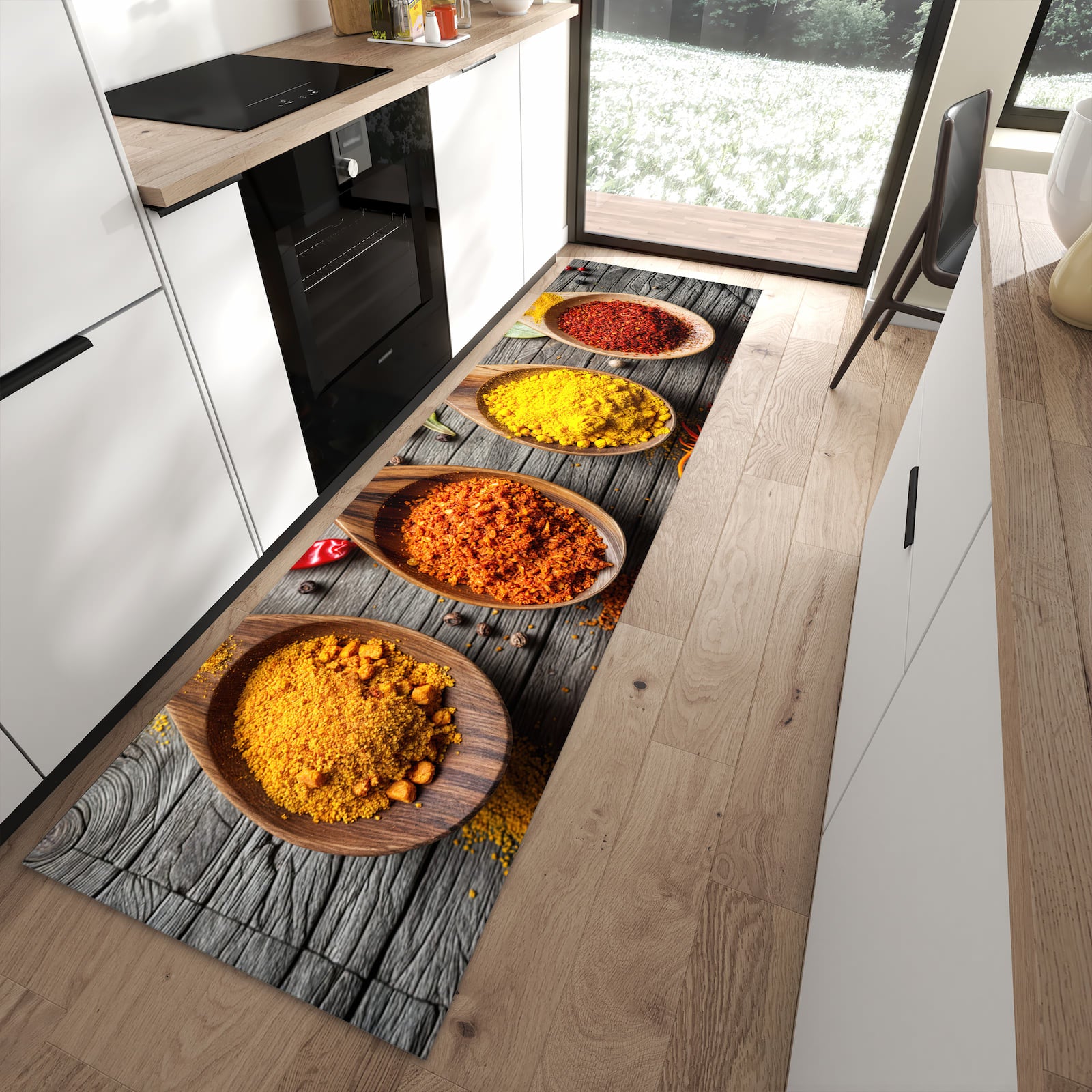 Fleckenresistenter Bodenläufer mit Motiv Gewürze auf Löffeln in moderner Küche