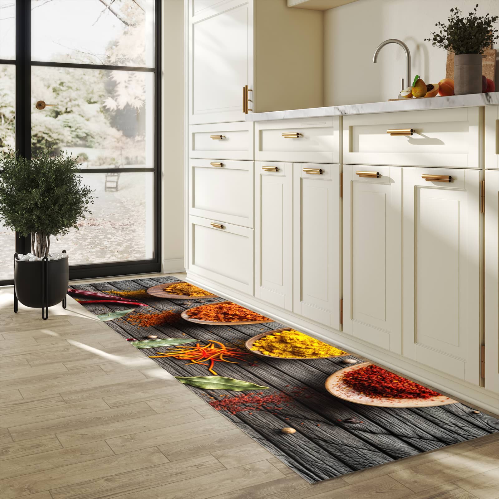 Geräuschdämpfender Küchenläufer mit Motiv Gewürze auf Löffeln in heller Küche