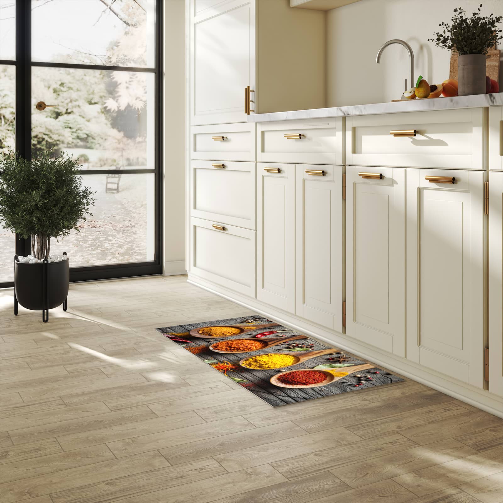 Langlebiger Teppich für die Küche mit Motiv Gewürze auf Löffeln in heller Küche