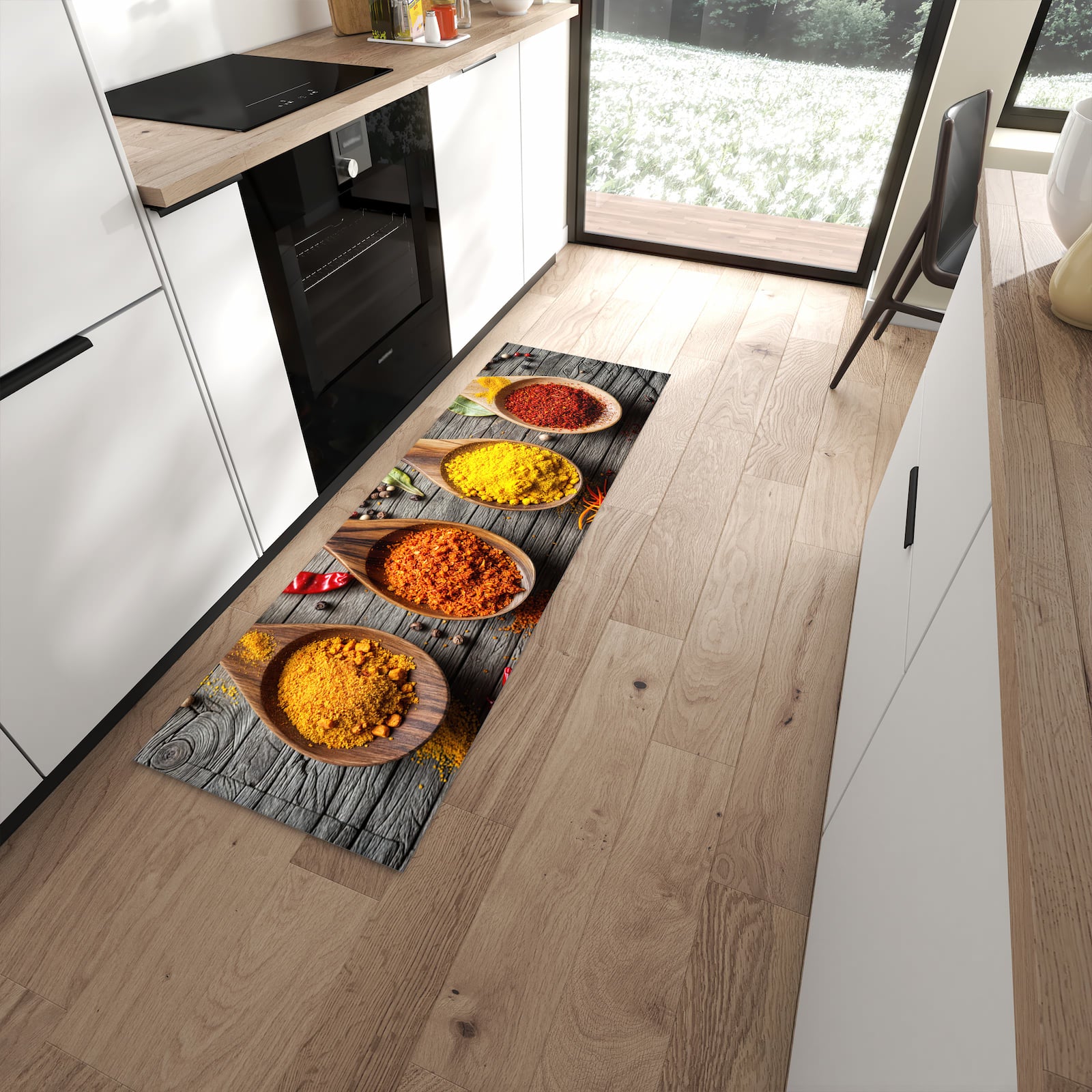 Dünner Küchenteppich mit Motiv Gewürze auf Löffeln in moderner Küche für sicheres Aufbewahren