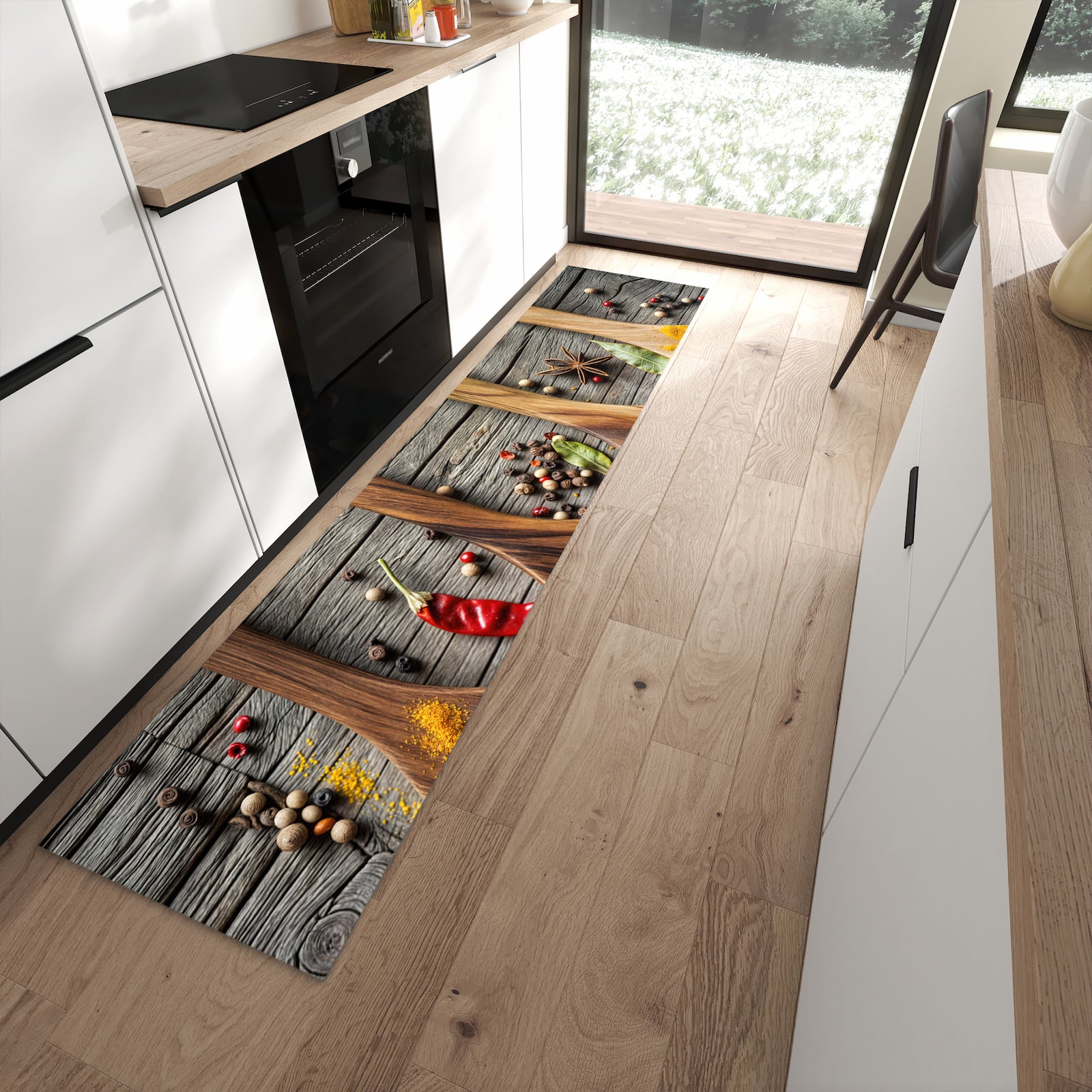Geräuschdämpfender dünner Küchenteppich mit Motiv Gewürze auf Löffeln in moderner Küche