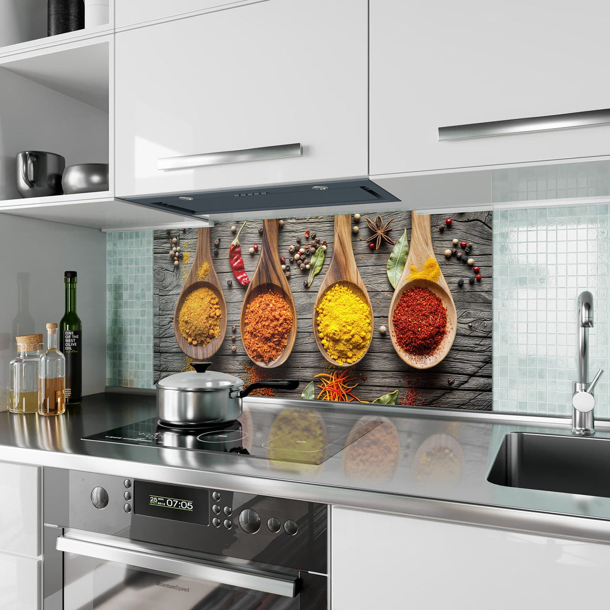 Küchenrückwand aus Glas Gewürzpulver auf Löffeln im Hochformat als Spritzschutz hinter dem Kochfeld, über dem Fliesenspiegel montiert