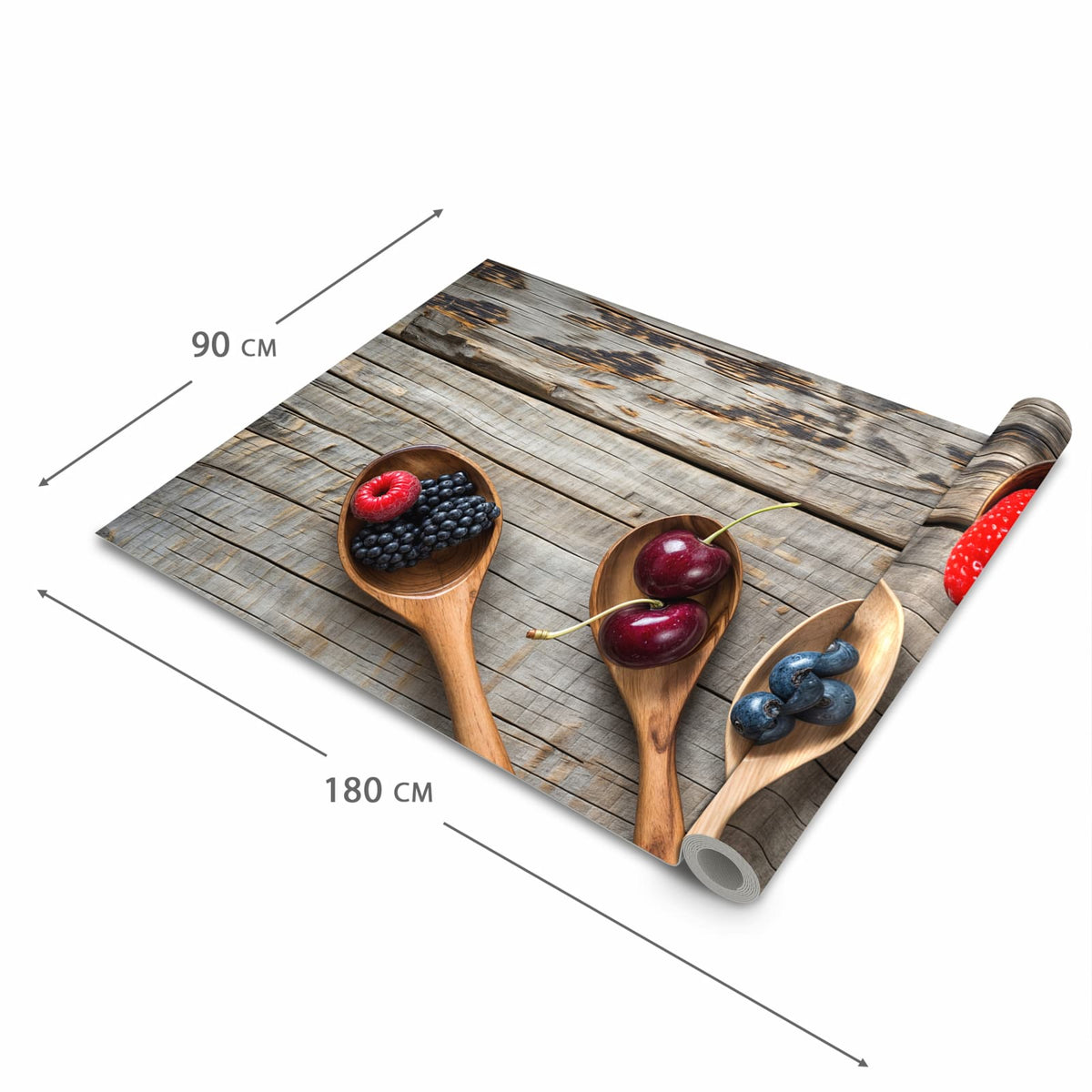 Bodenschonender rutschfester Küchenteppich mit Motiv Holzlöffel mit Beeren in der Grösse 80x300 cm