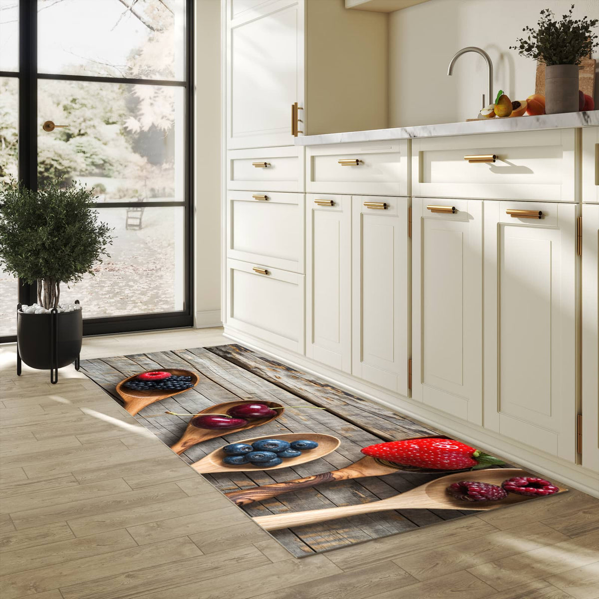 Waschbarer Küchenteppich mit Motiv Holzlöffel mit Beeren in heller Küche