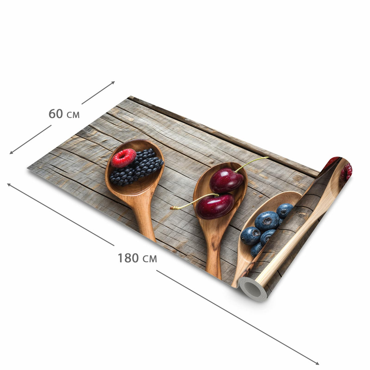 Rutschfester dünner Küchenteppich mit Motiv Holzlöffel mit Beeren in der Größe 80x300 cm