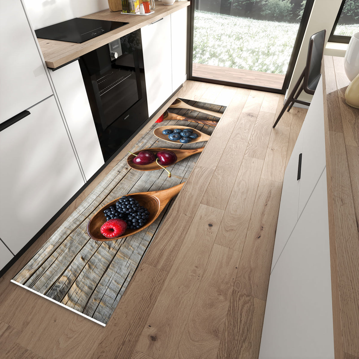 Küchenteppich mit Motiv Holzlöffel mit Beeren für angenehme Haptik in moderner Küche