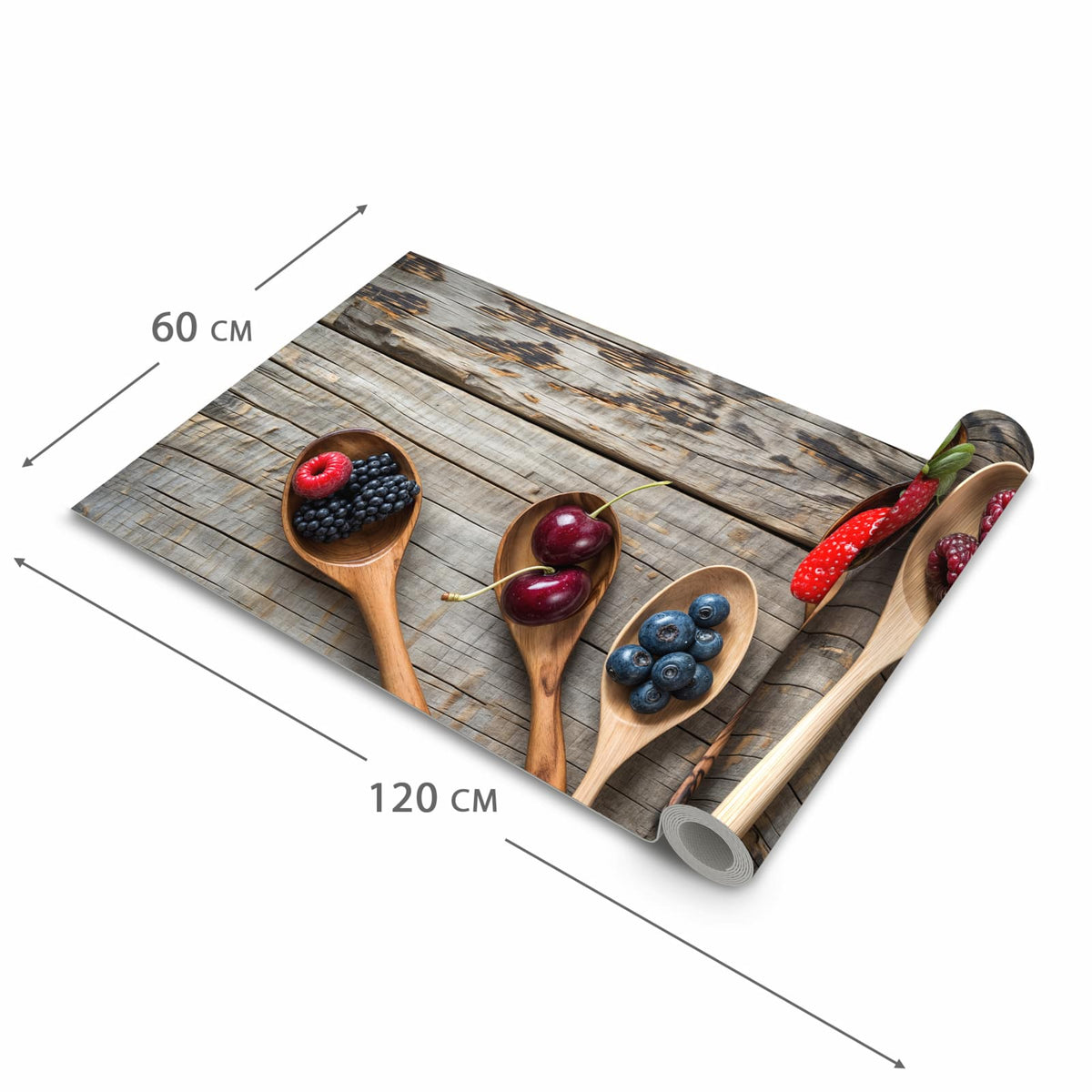 Pflegeleichter dünner Küchenteppich mit Motiv Holzlöffel mit Beeren in der Grösse 80x300 cm