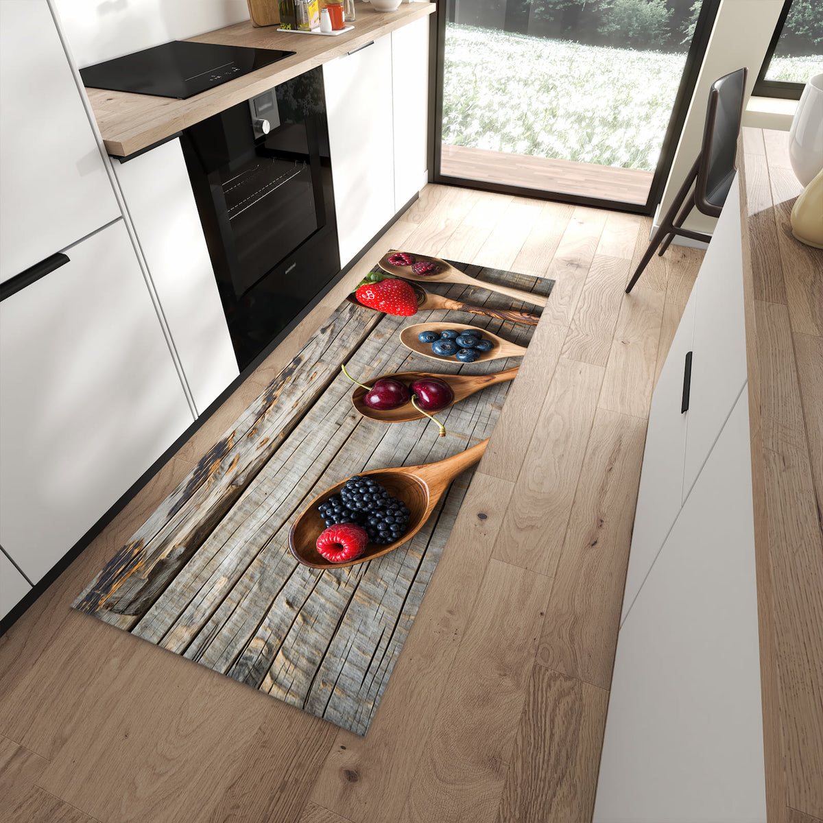 Langlebiger Küchenläufer mit Motiv Holzlöffel mit Beeren in moderner Küche